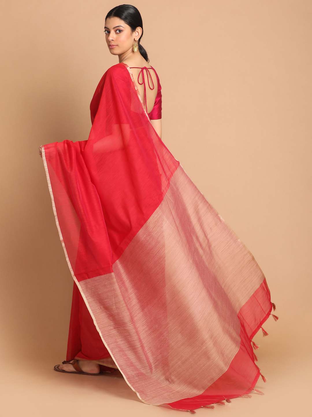 Indethnic Banarasi Red Solid Daily Wear Saree - View 3
