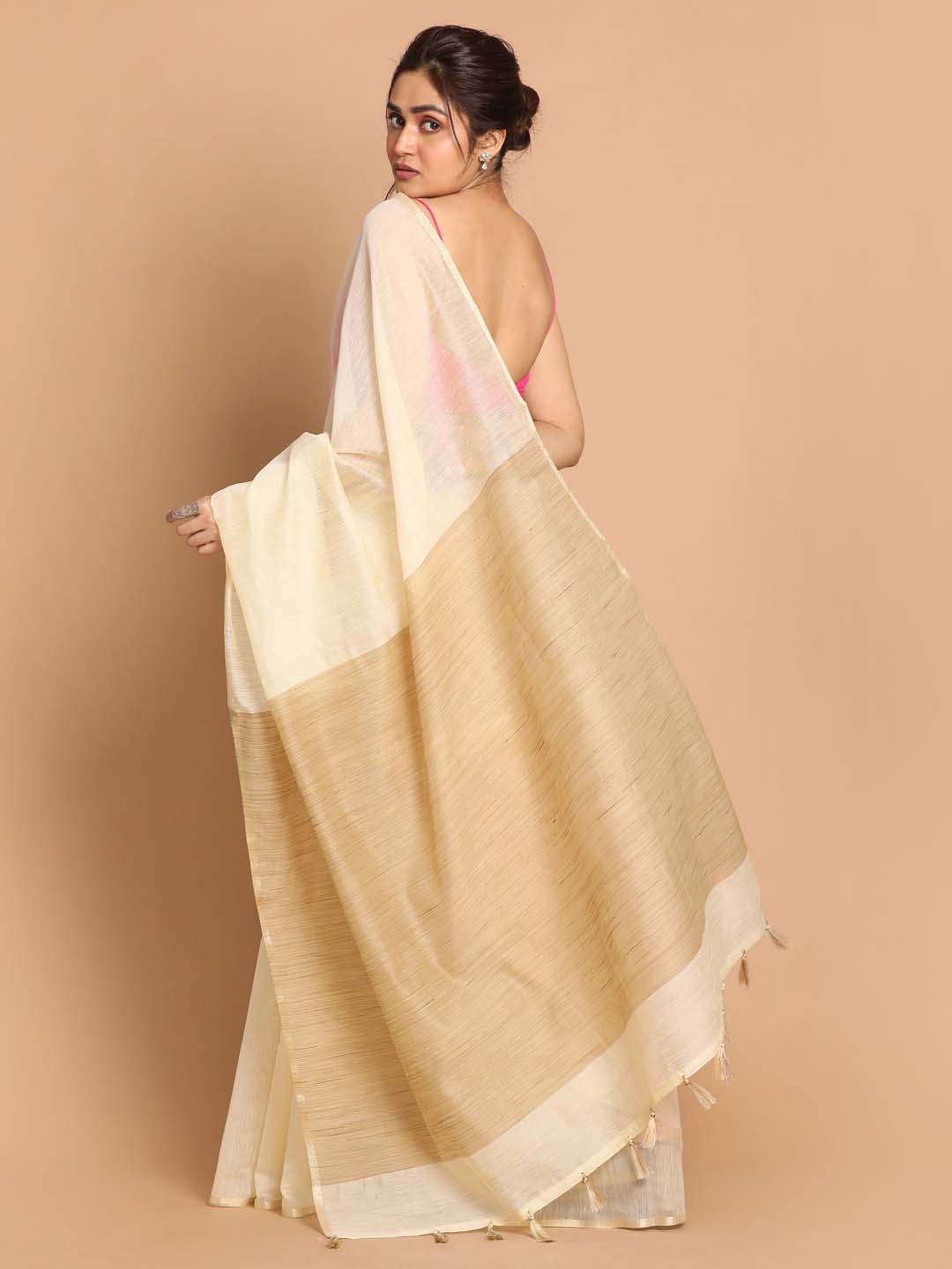 Indethnic Banarasi Beige Solid Daily Wear Saree - View 3