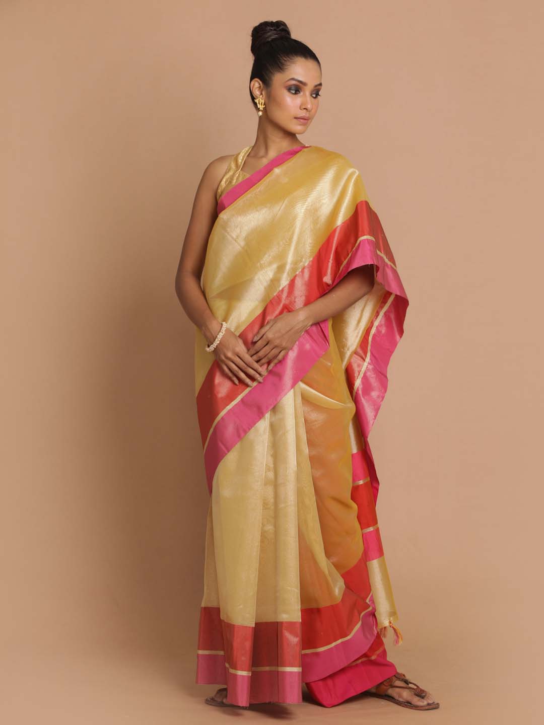 Indethnic Banarasi Beige Solid Party Wear Saree - View 1