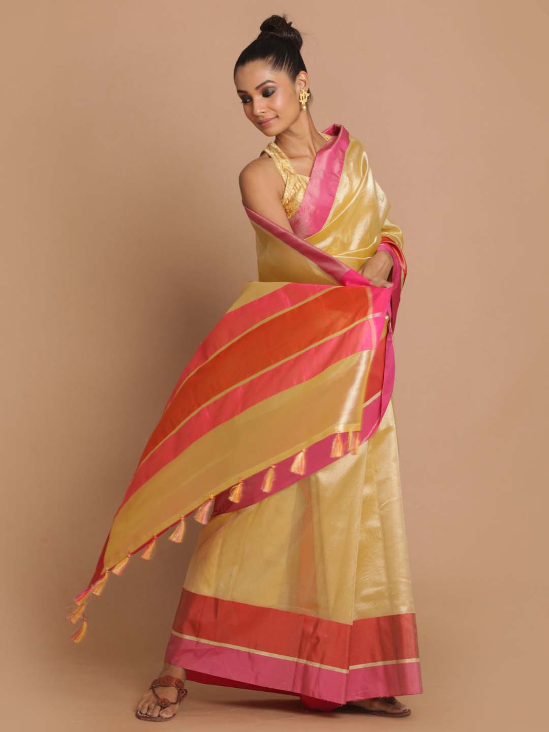 Indethnic Banarasi Beige Solid Party Wear Saree - View 2