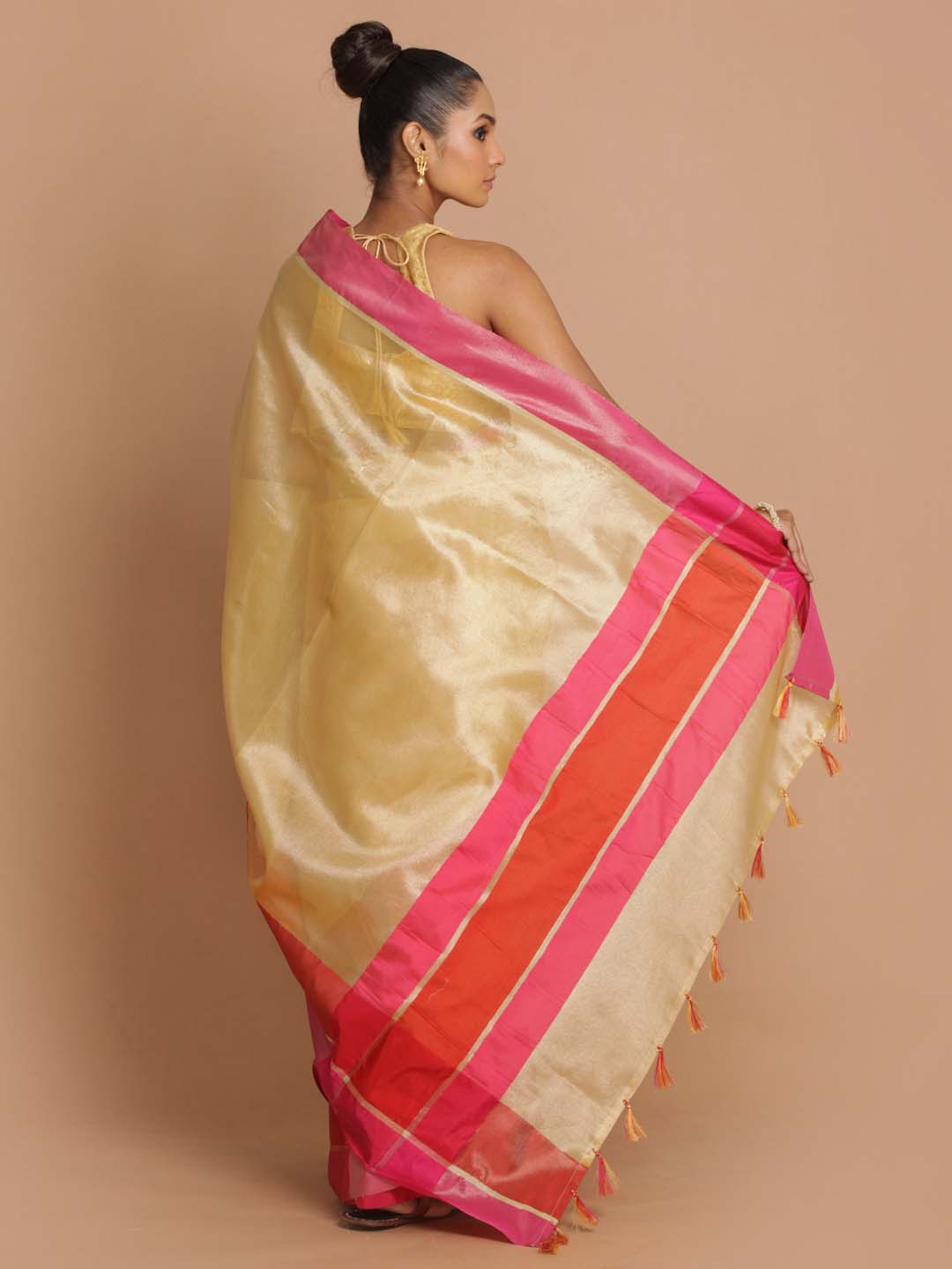 Indethnic Banarasi Beige Solid Party Wear Saree - View 3