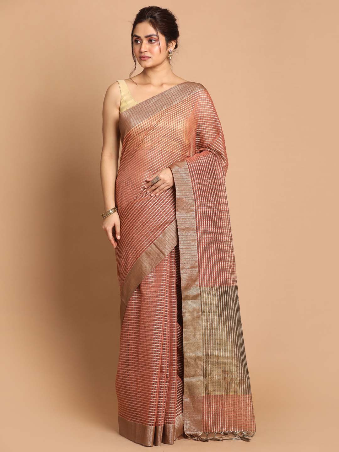 Indethnic Banarasi Brown Checked Daily Wear Saree - View 1