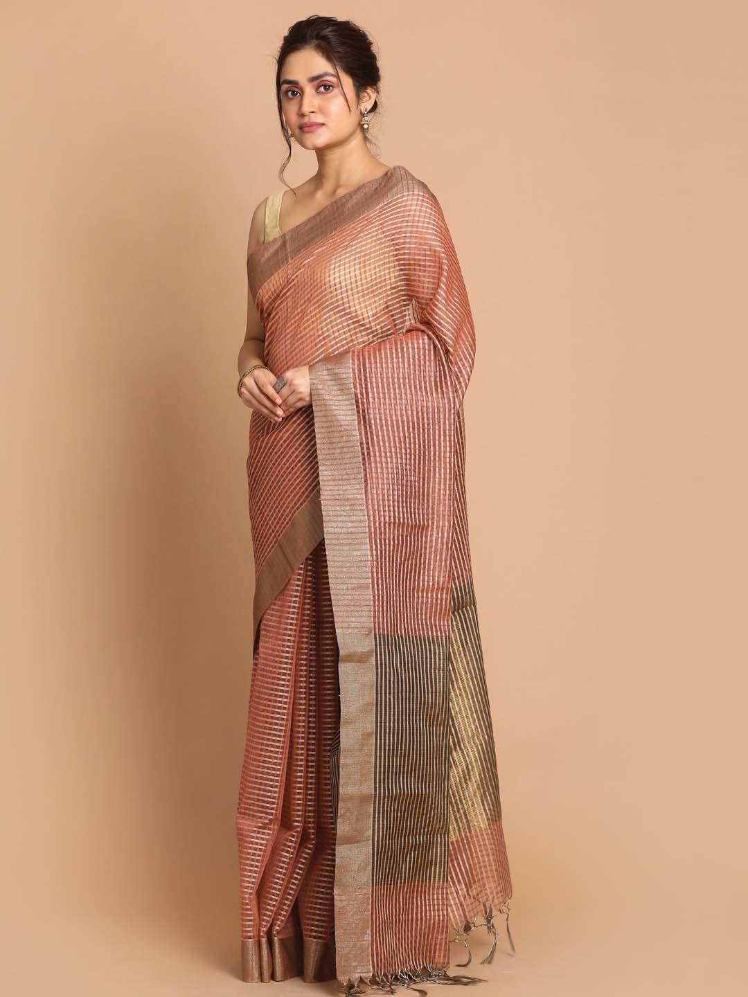 Indethnic Banarasi Brown Checked Daily Wear Saree - View 2