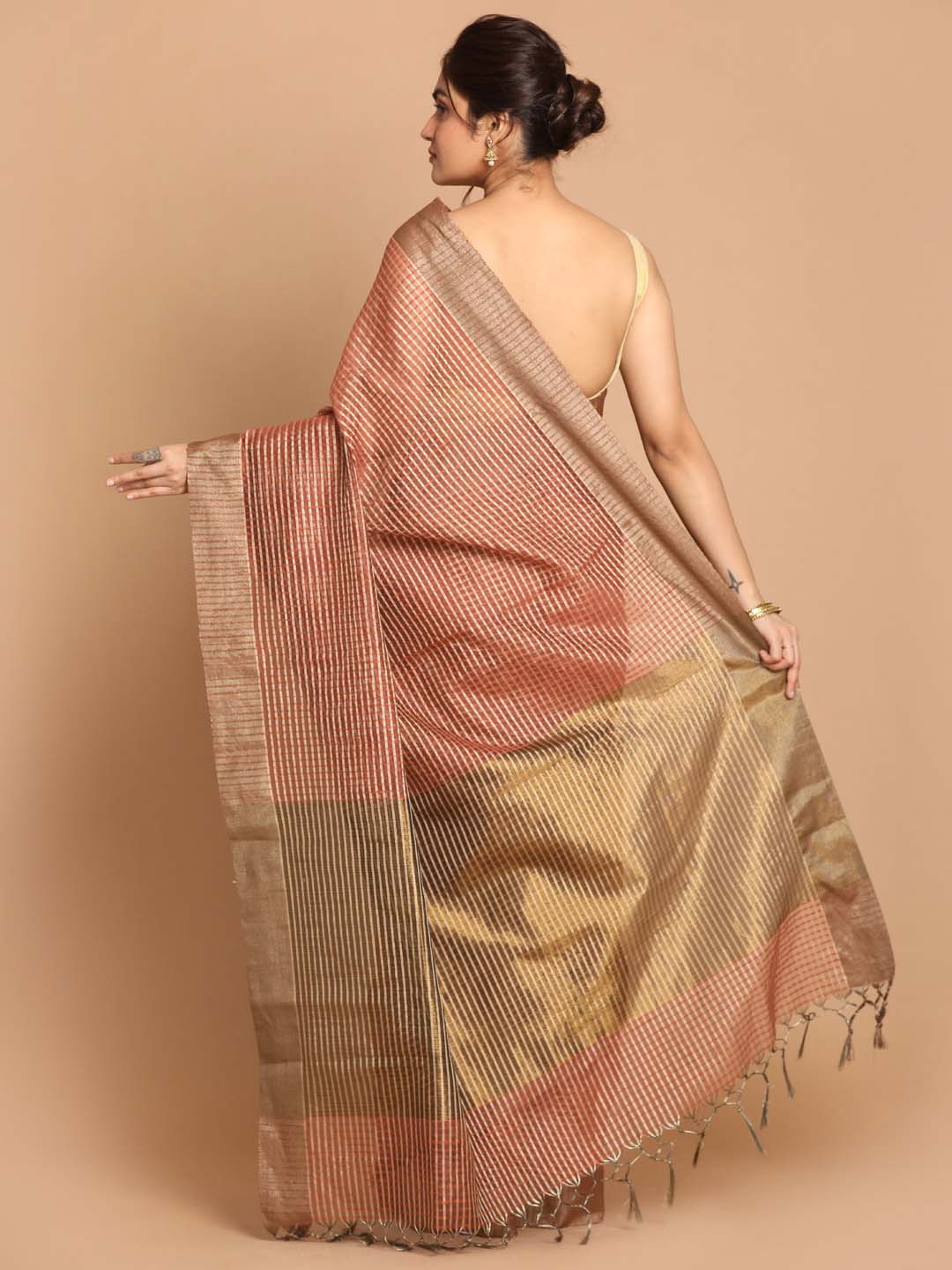 Indethnic Banarasi Brown Checked Daily Wear Saree - View 3