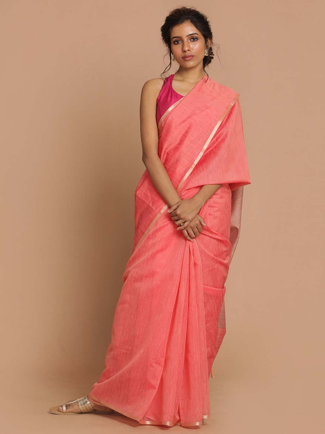 Indethnic Banarasi Coral Solid Daily Wear Saree - View 1