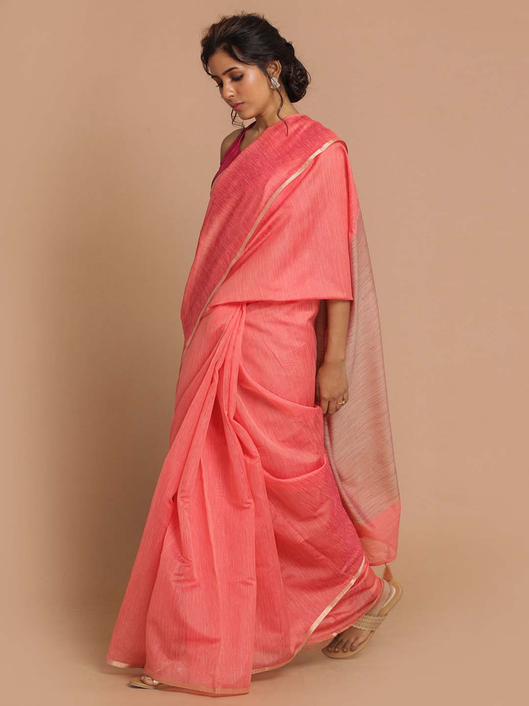 Indethnic Banarasi Coral Solid Daily Wear Saree - View 2