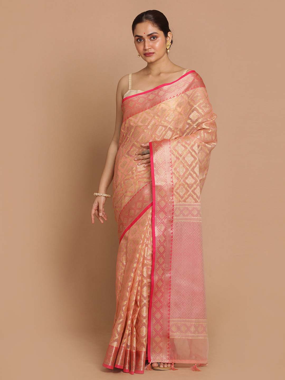 Indethnic Banarasi Coral Woven Design Festive Wear Saree - View 1