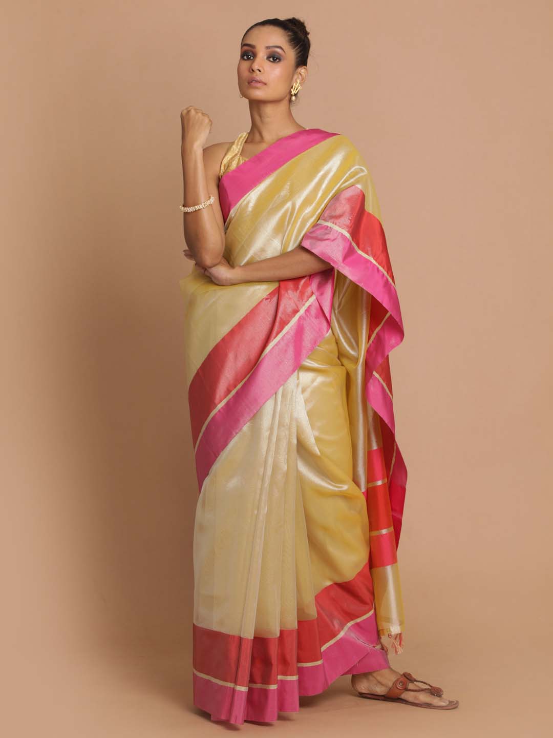 Indethnic Banarasi Gold Solid Party Wear Saree - View 1