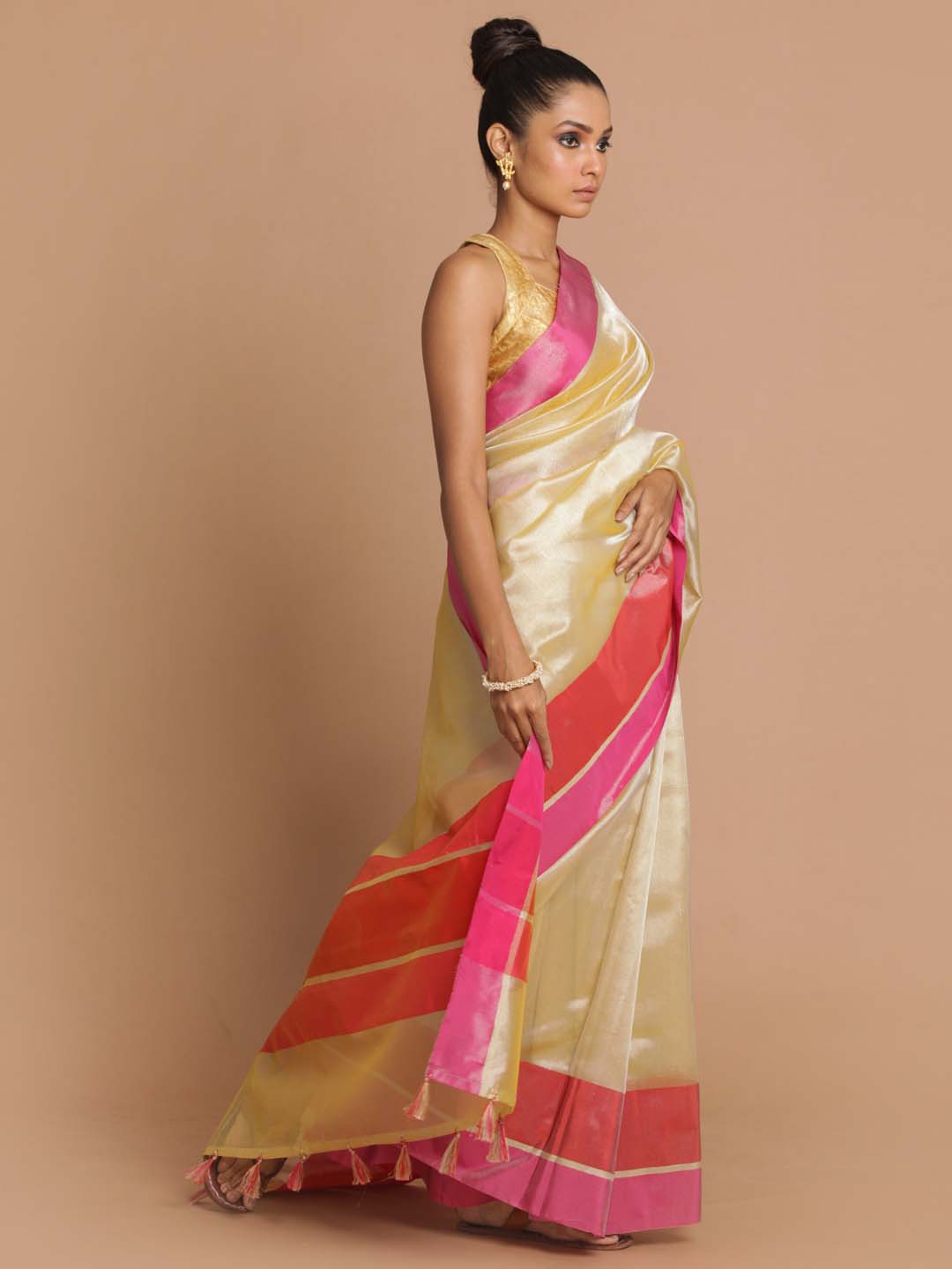 Indethnic Banarasi Gold Solid Party Wear Saree - View 2