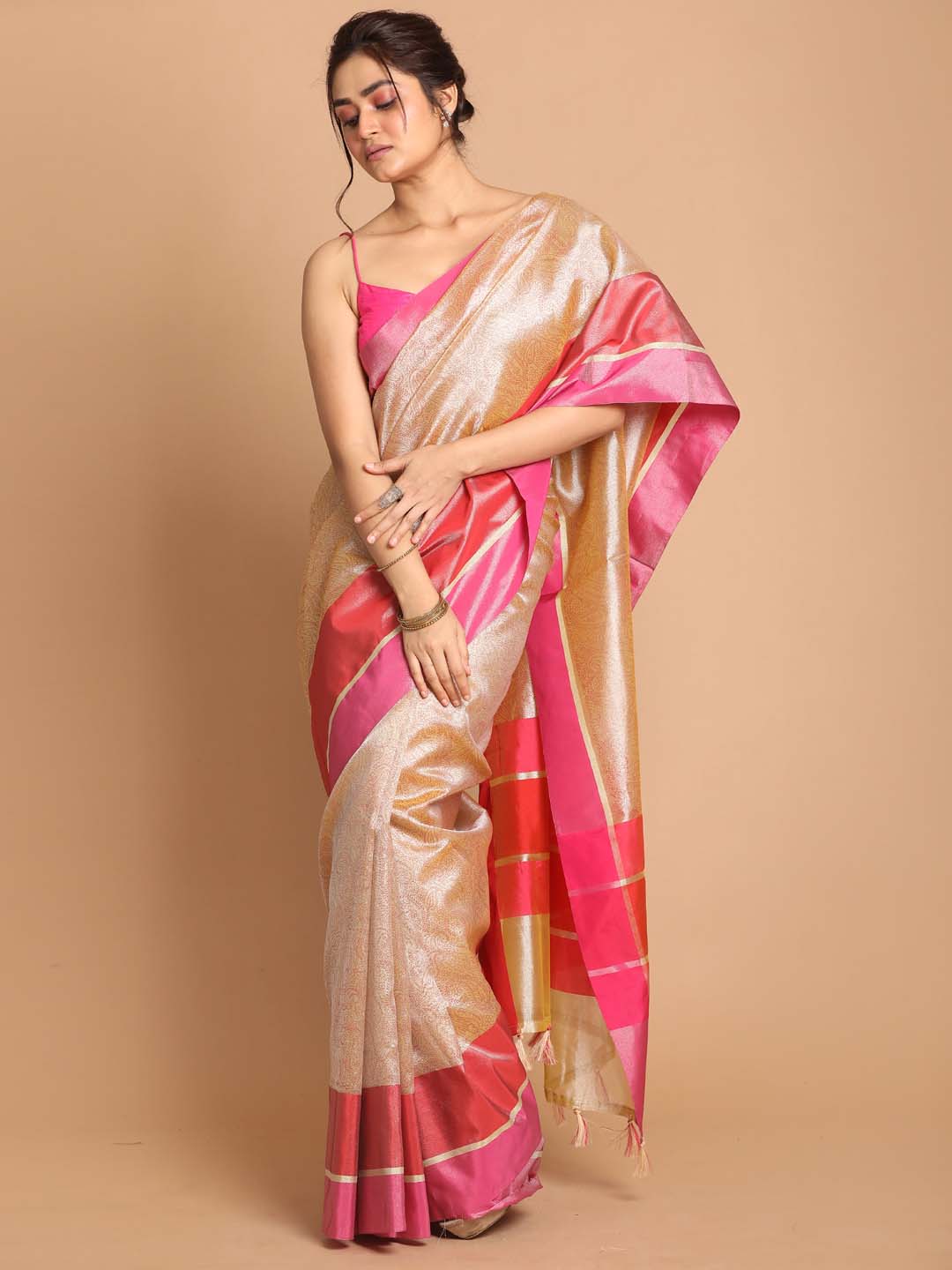 Indethnic Banarasi Gold Printed Daily Wear Saree - View 1