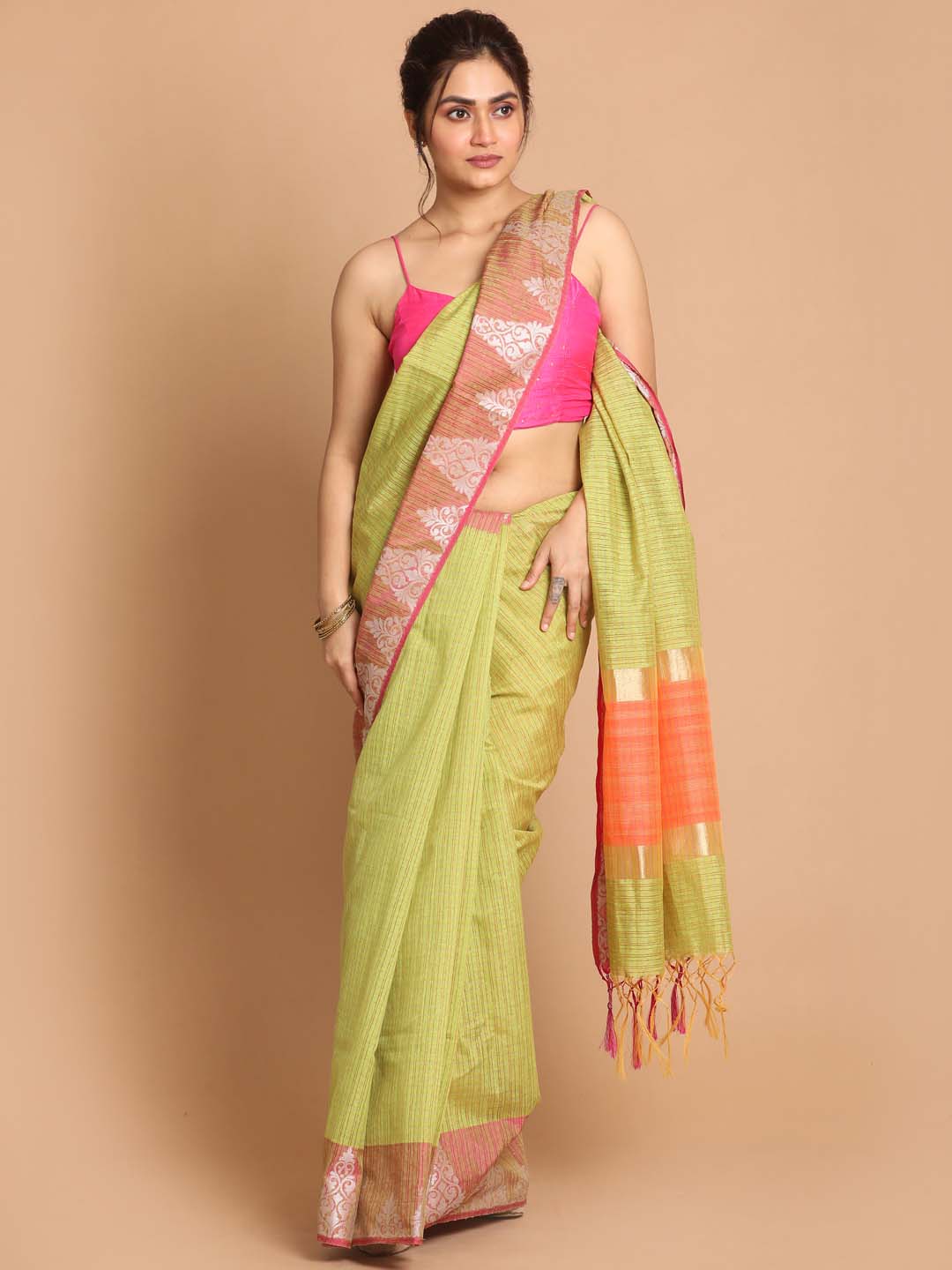 Indethnic Banarasi Green Checked Daily Wear Saree - View 1