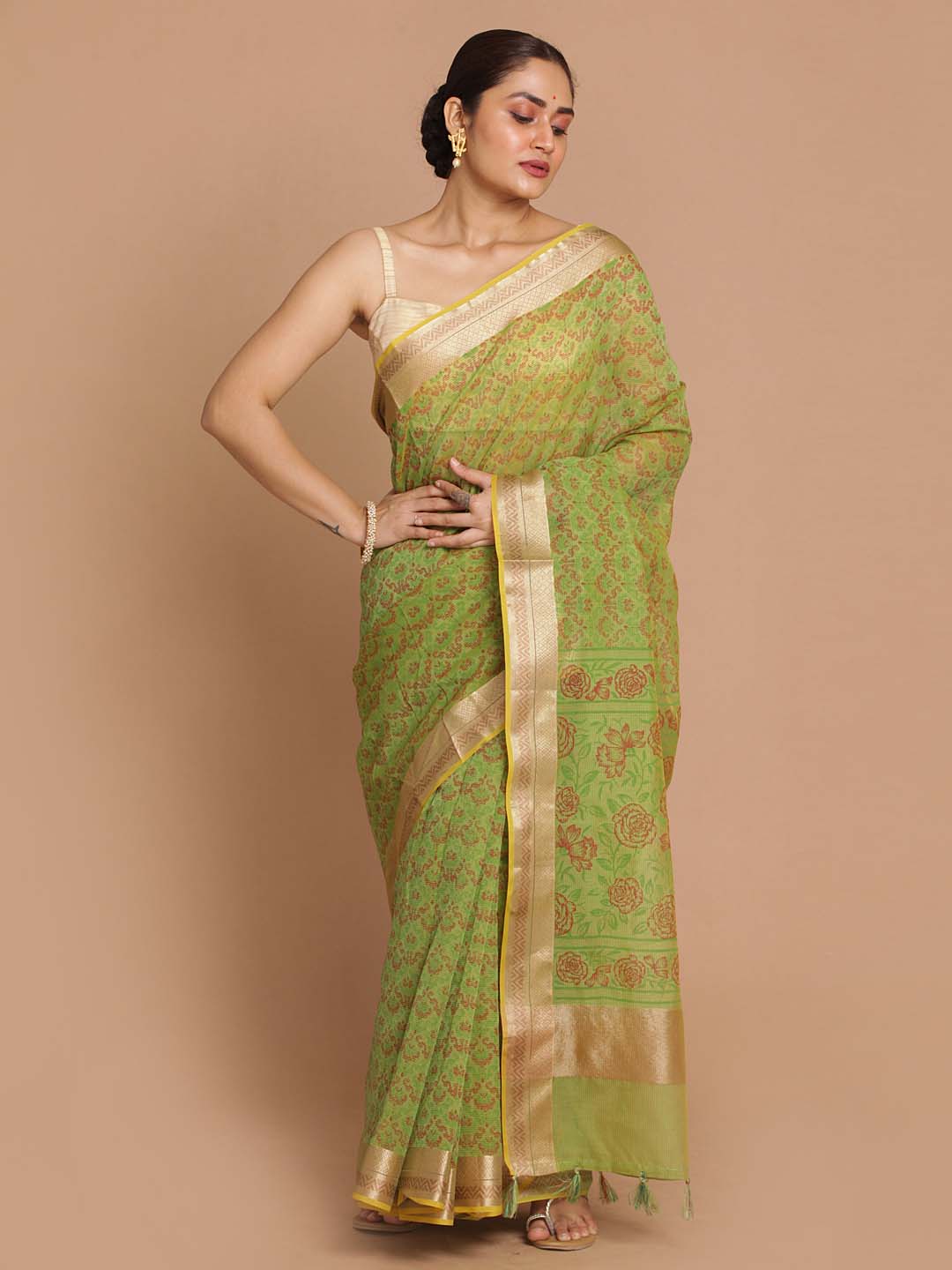 Indethnic Banarasi Green Printed Daily Wear Saree - View 1