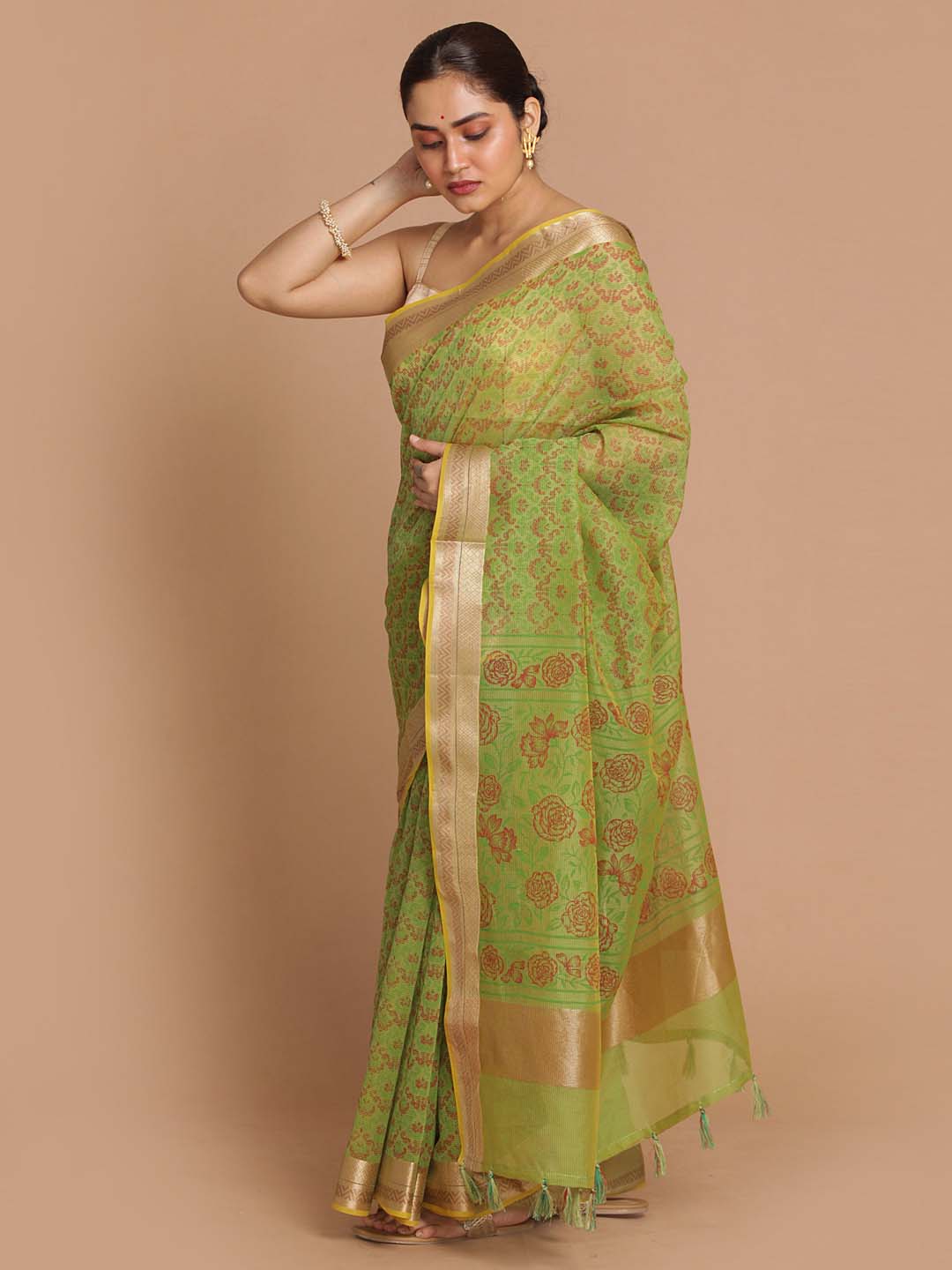 Indethnic Banarasi Green Printed Daily Wear Saree - View 1