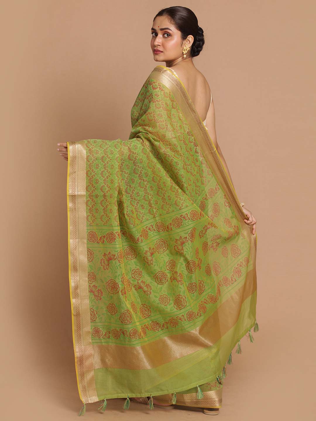 Indethnic Banarasi Green Printed Daily Wear Saree - View 3