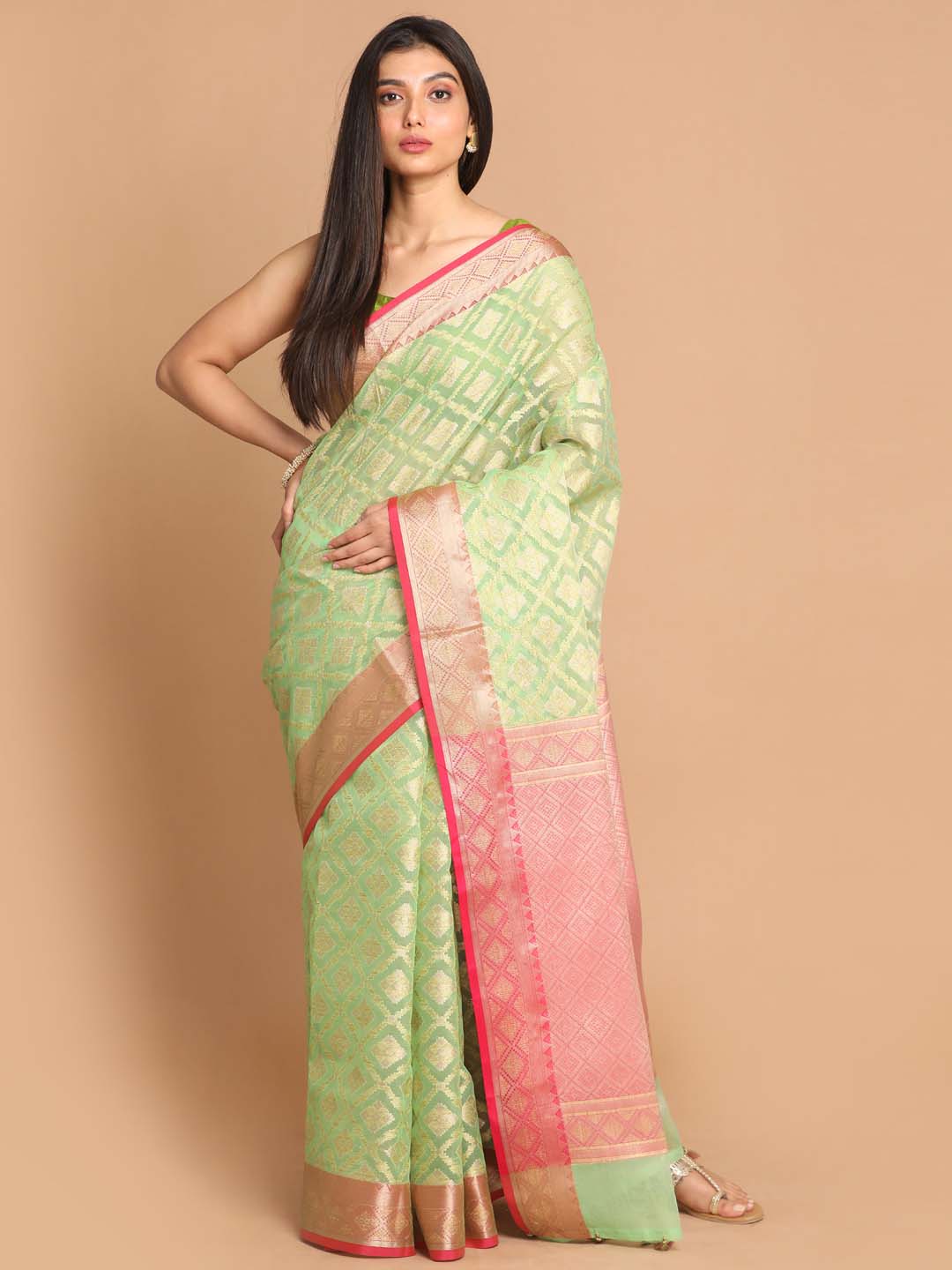 Indethnic Banarasi Green Woven Design Festive Wear Saree - View 1