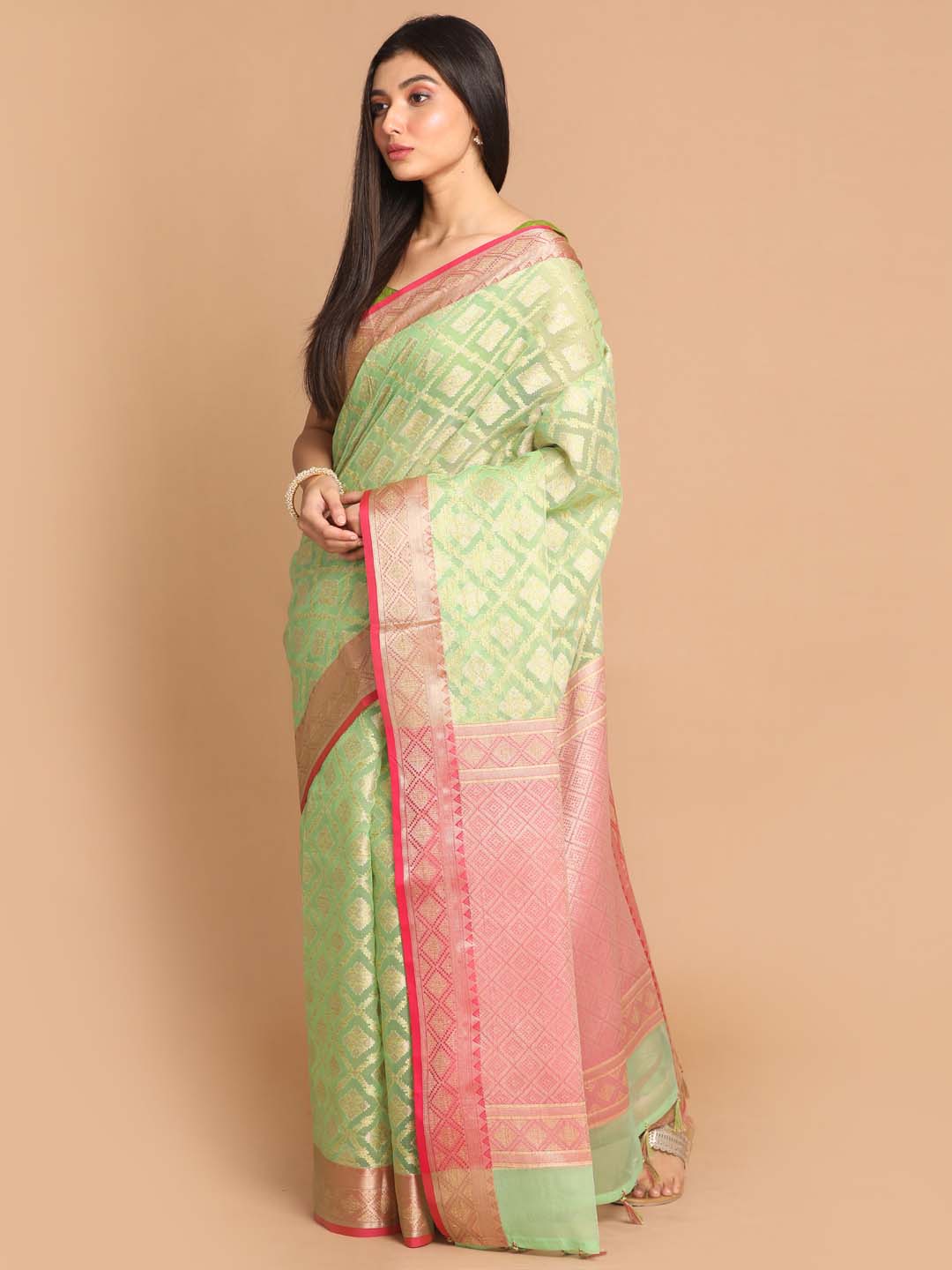 Indethnic Banarasi Green Woven Design Festive Wear Saree - View 2