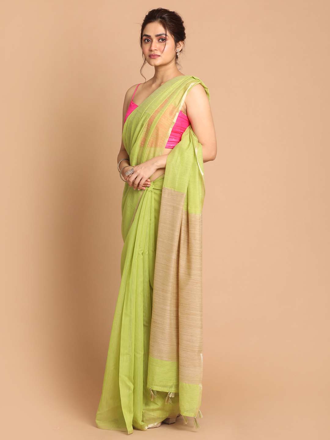 Indethnic Banarasi Lime Green Solid Daily Wear Saree - View 1