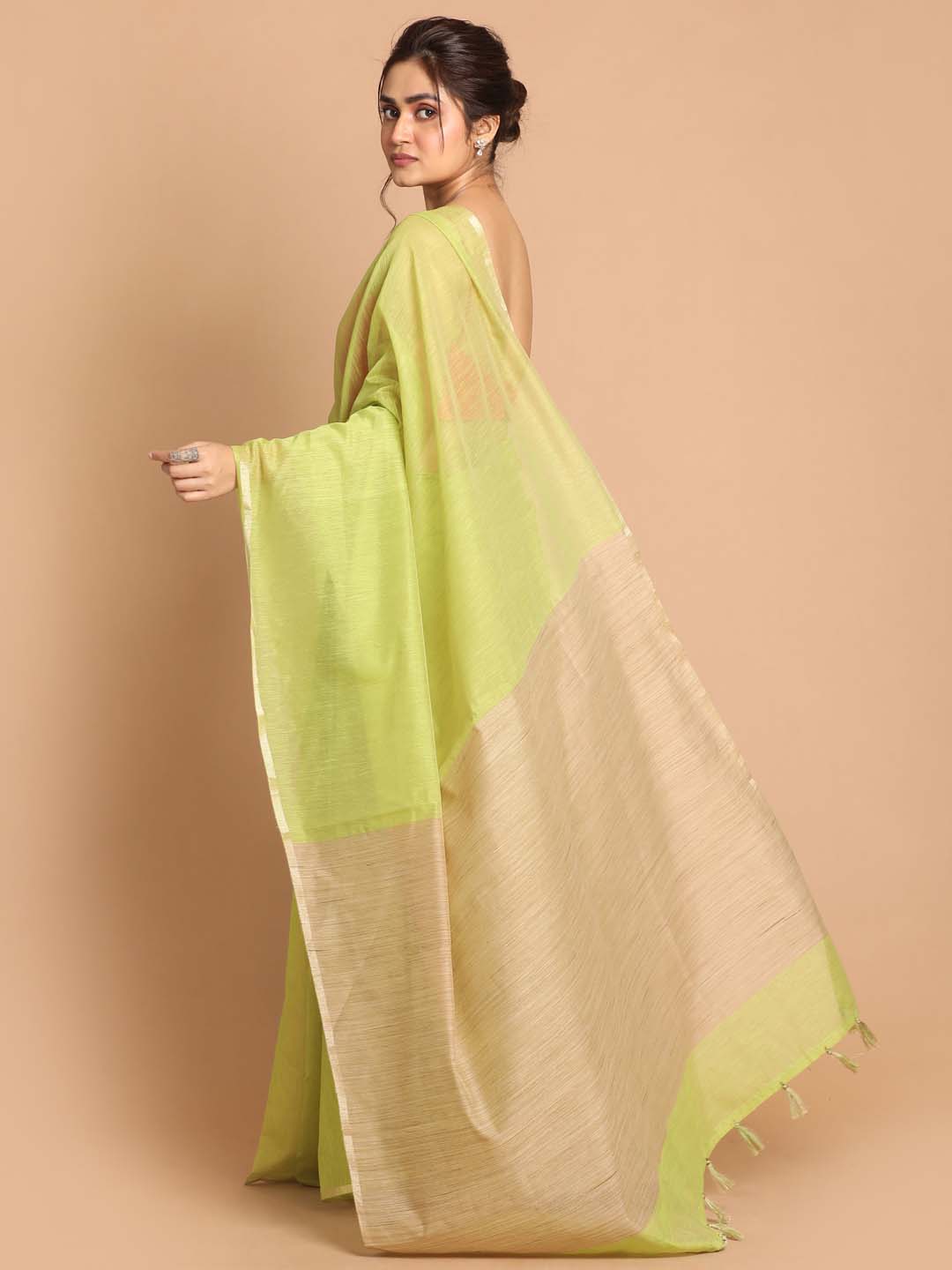 Indethnic Banarasi Lime Green Solid Daily Wear Saree - View 3