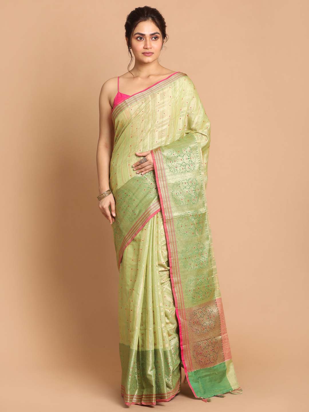 Indethnic Banarasi Lime Green Woven Design Festive Wear Saree - View 1