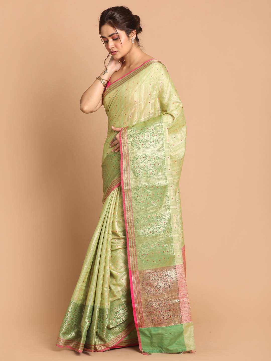 Indethnic Banarasi Lime Green Woven Design Festive Wear Saree - View 2