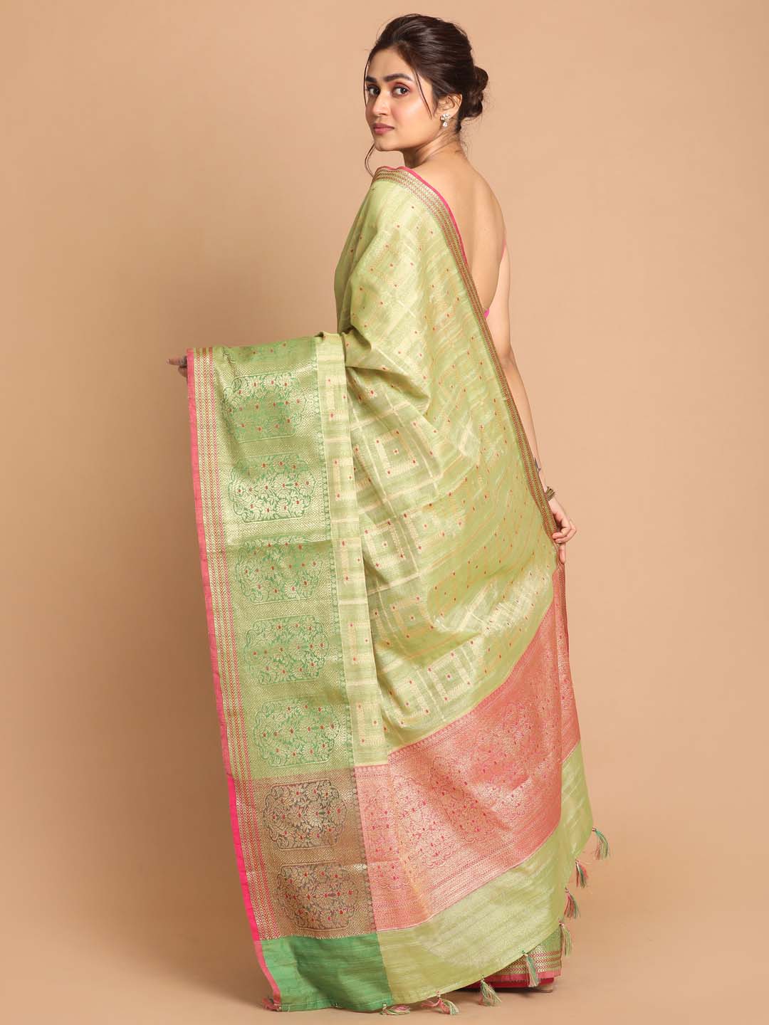 Indethnic Banarasi Lime Green Woven Design Festive Wear Saree - View 3