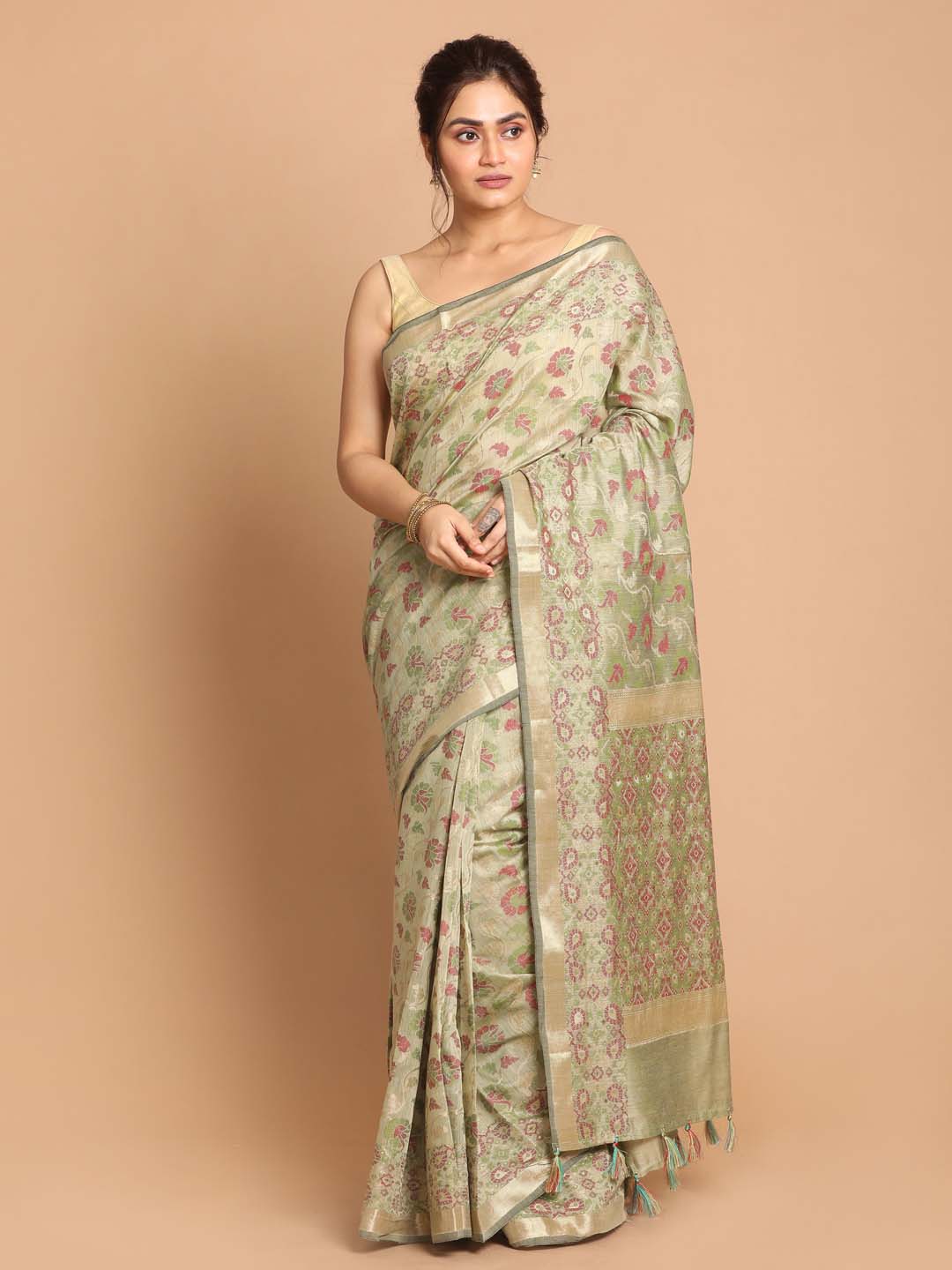 Indethnic Banarasi Lime Green Woven Design Festive Wear Saree - View 1