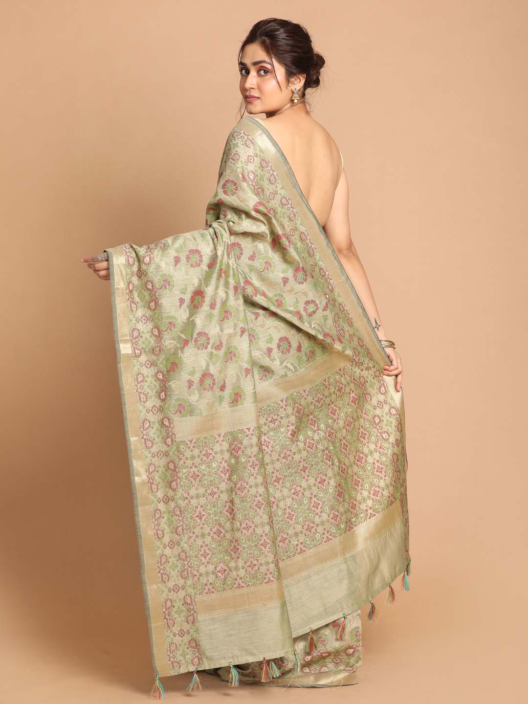 Indethnic Banarasi Lime Green Woven Design Festive Wear Saree - View 3