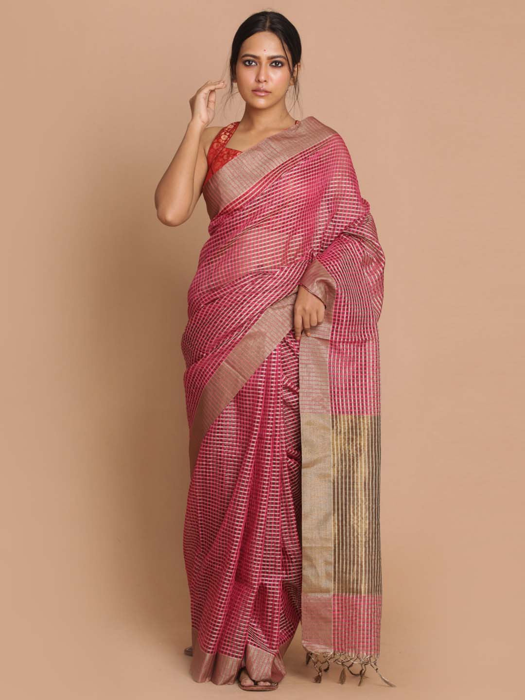 Indethnic Banarasi Magenta Checked Daily Wear Saree - View 1