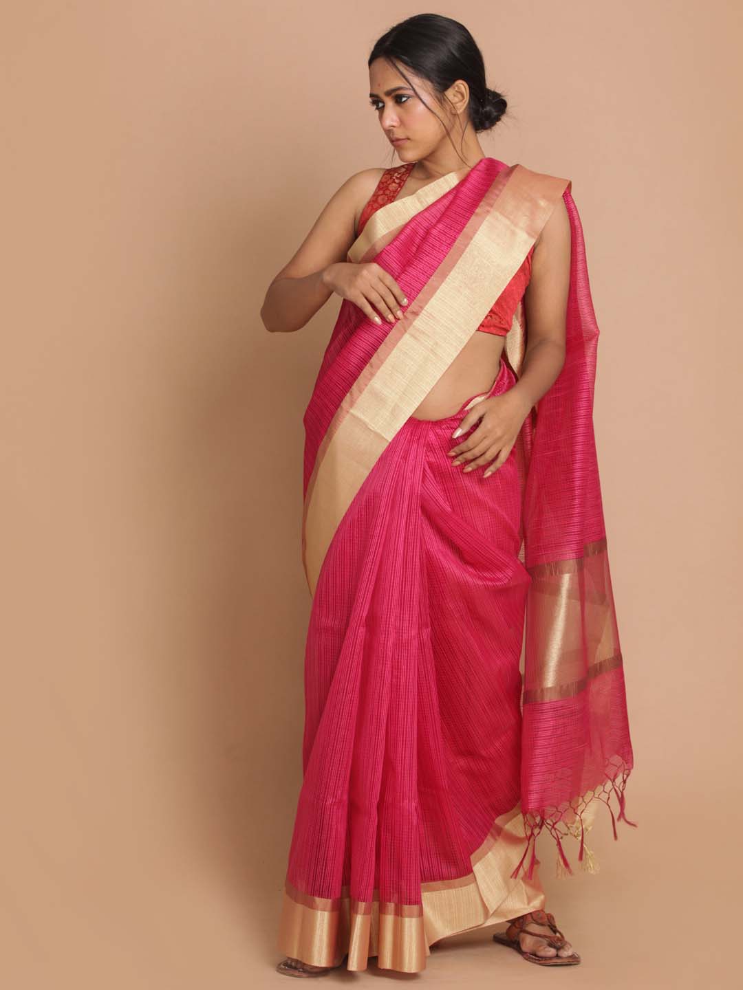 Indethnic Banarasi Magenta Checked Daily Wear Saree - View 1