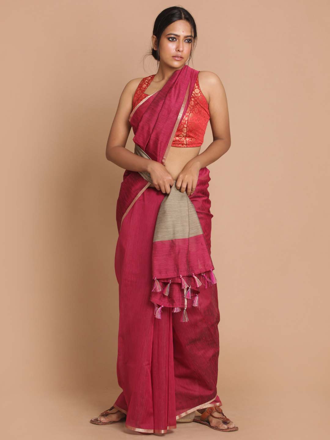 Indethnic Banarasi Maroon Solid Daily Wear Saree - View 1