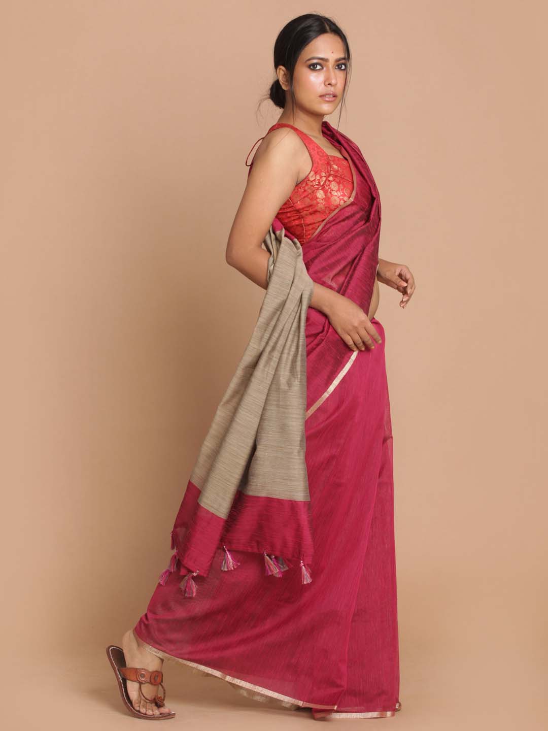 Indethnic Banarasi Maroon Solid Daily Wear Saree - View 2