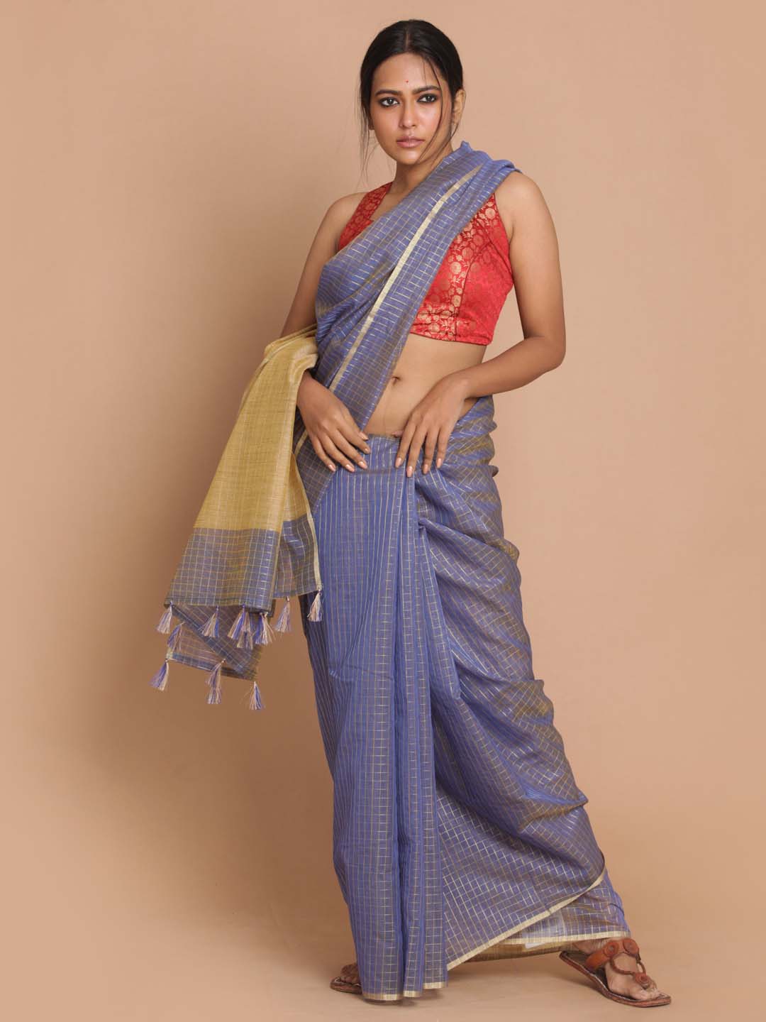 Indethnic Banarasi Navy Blue Checked Daily Wear Saree - View 1