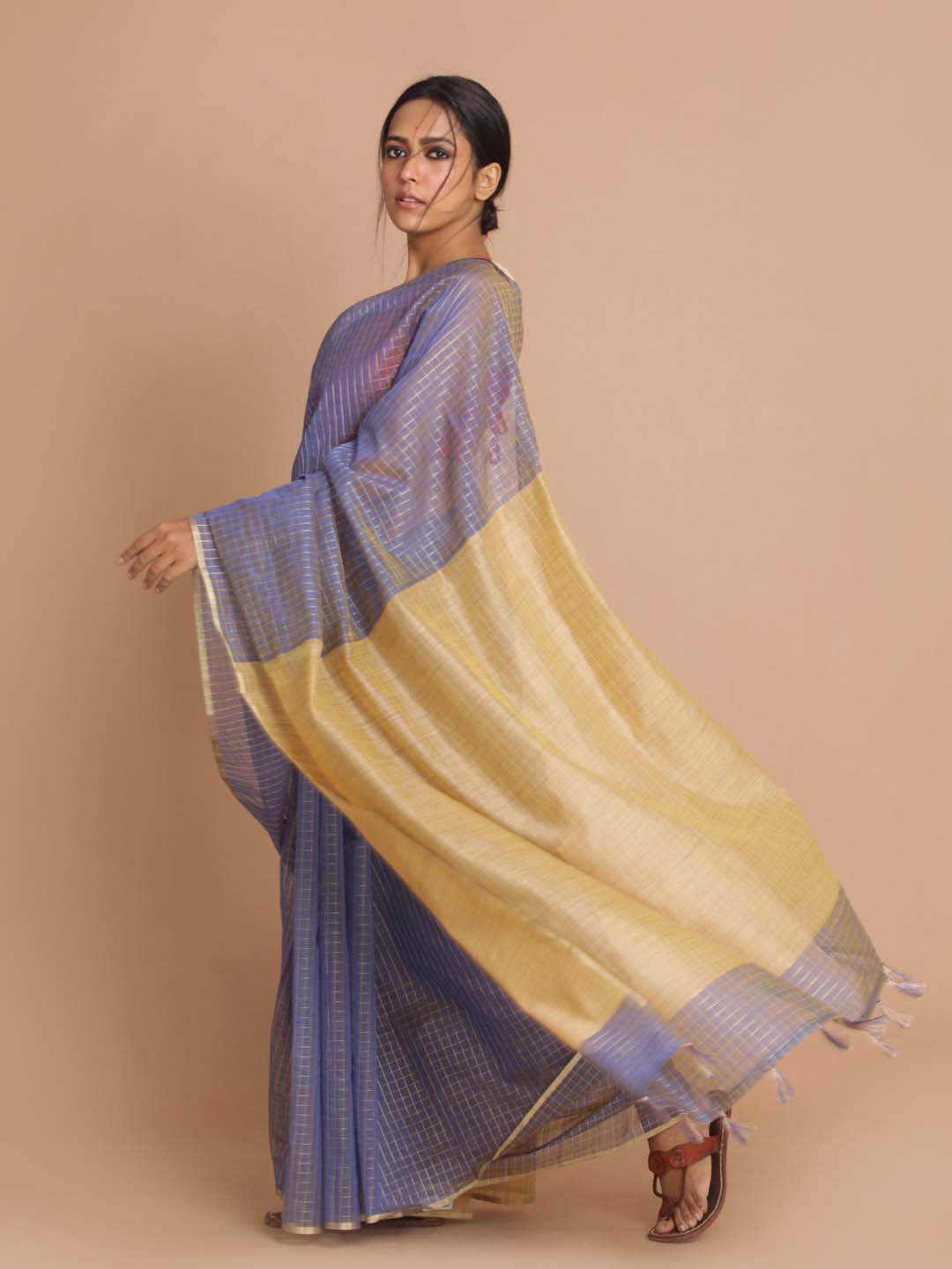 Indethnic Banarasi Navy Blue Checked Daily Wear Saree - View 2