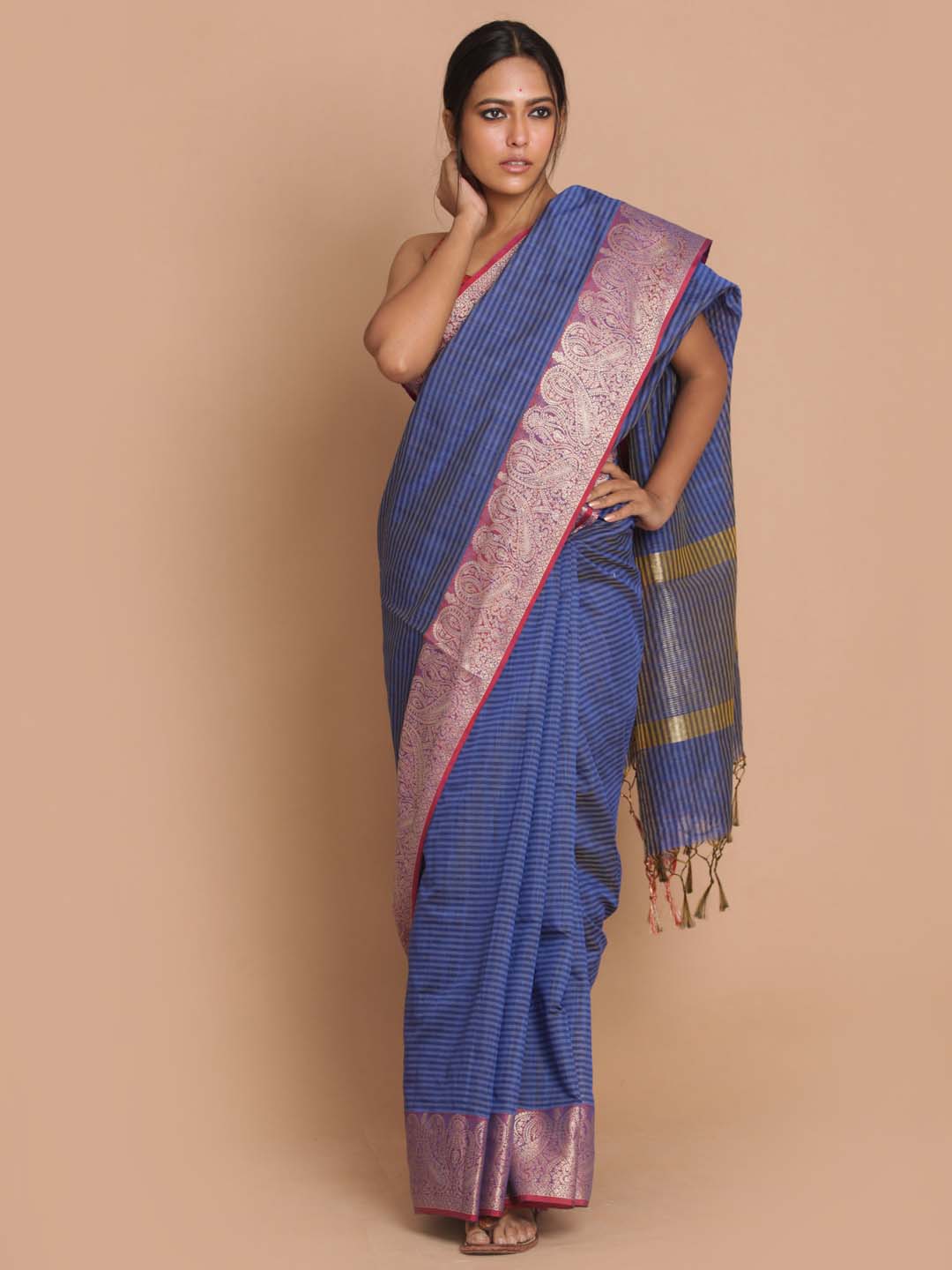 Indethnic Banarasi Navy Blue Woven Design Daily Wear Saree - View 1