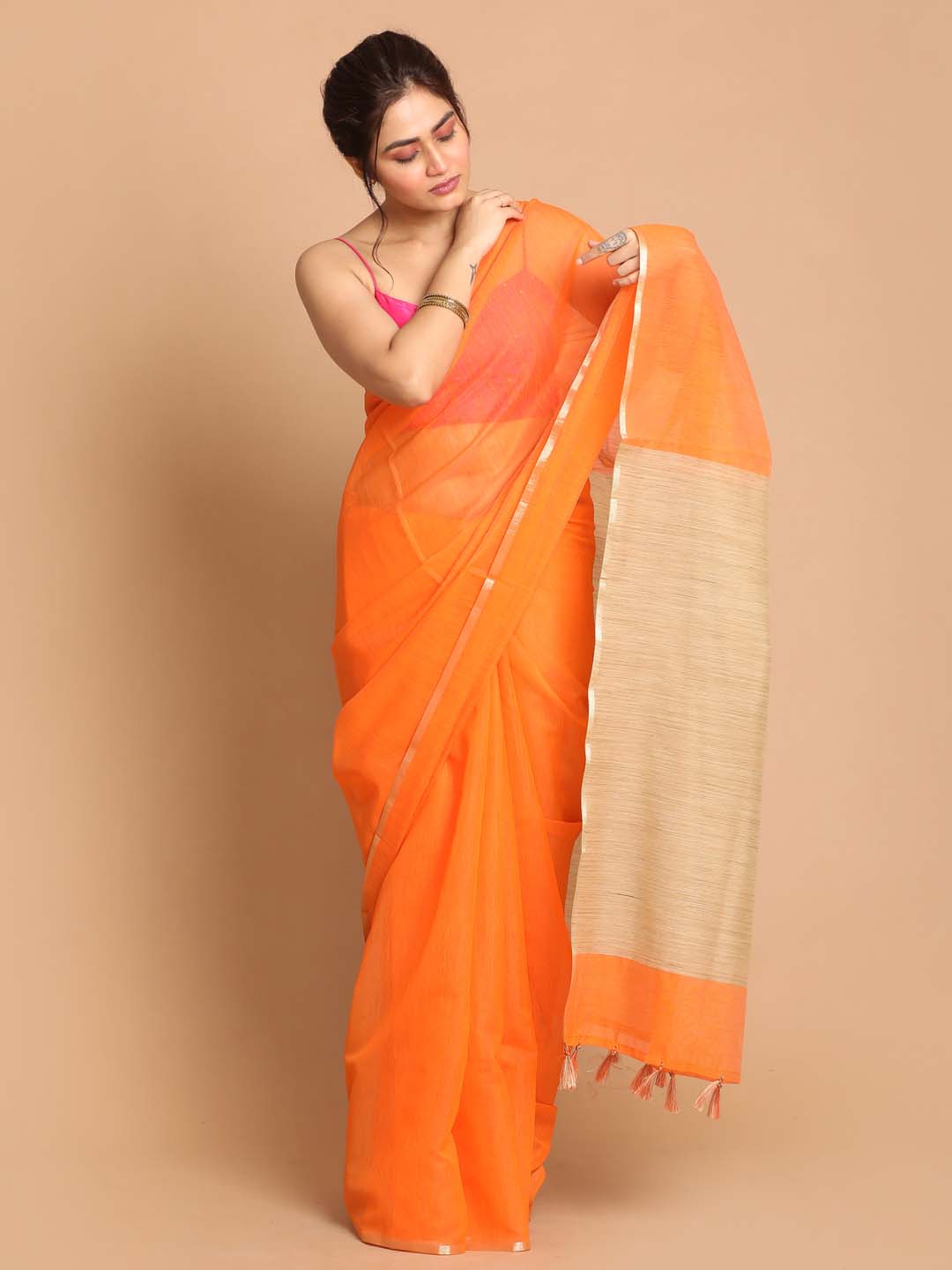 Indethnic Banarasi Orange Solid Daily Wear Saree - View 1