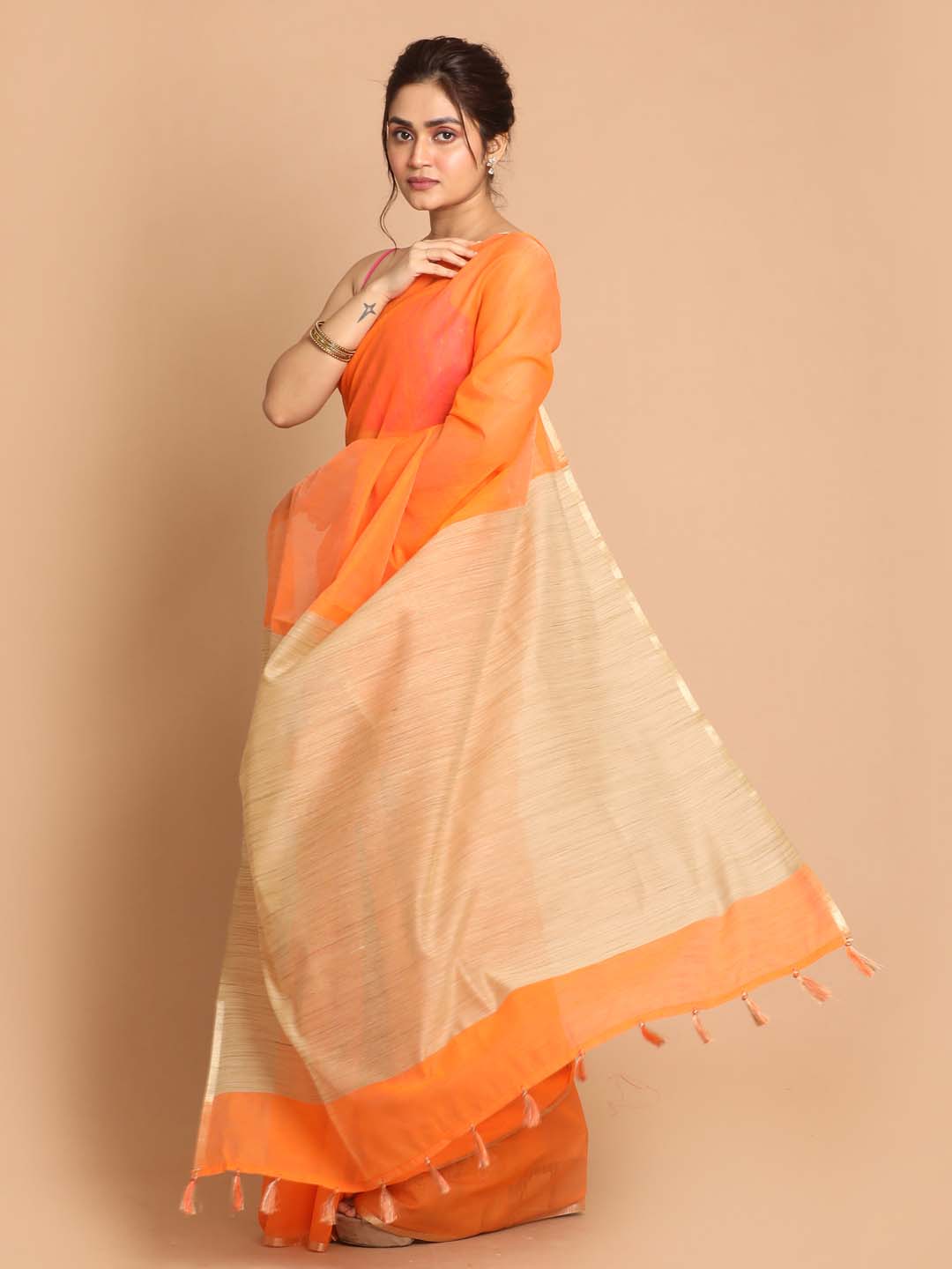 Indethnic Banarasi Orange Solid Daily Wear Saree - View 2