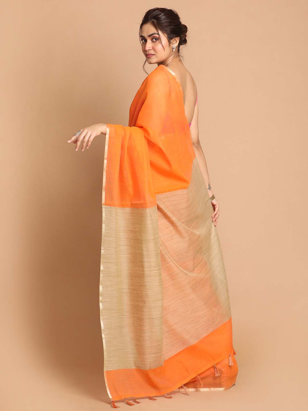 Indethnic Banarasi Orange Solid Daily Wear Saree - View 3