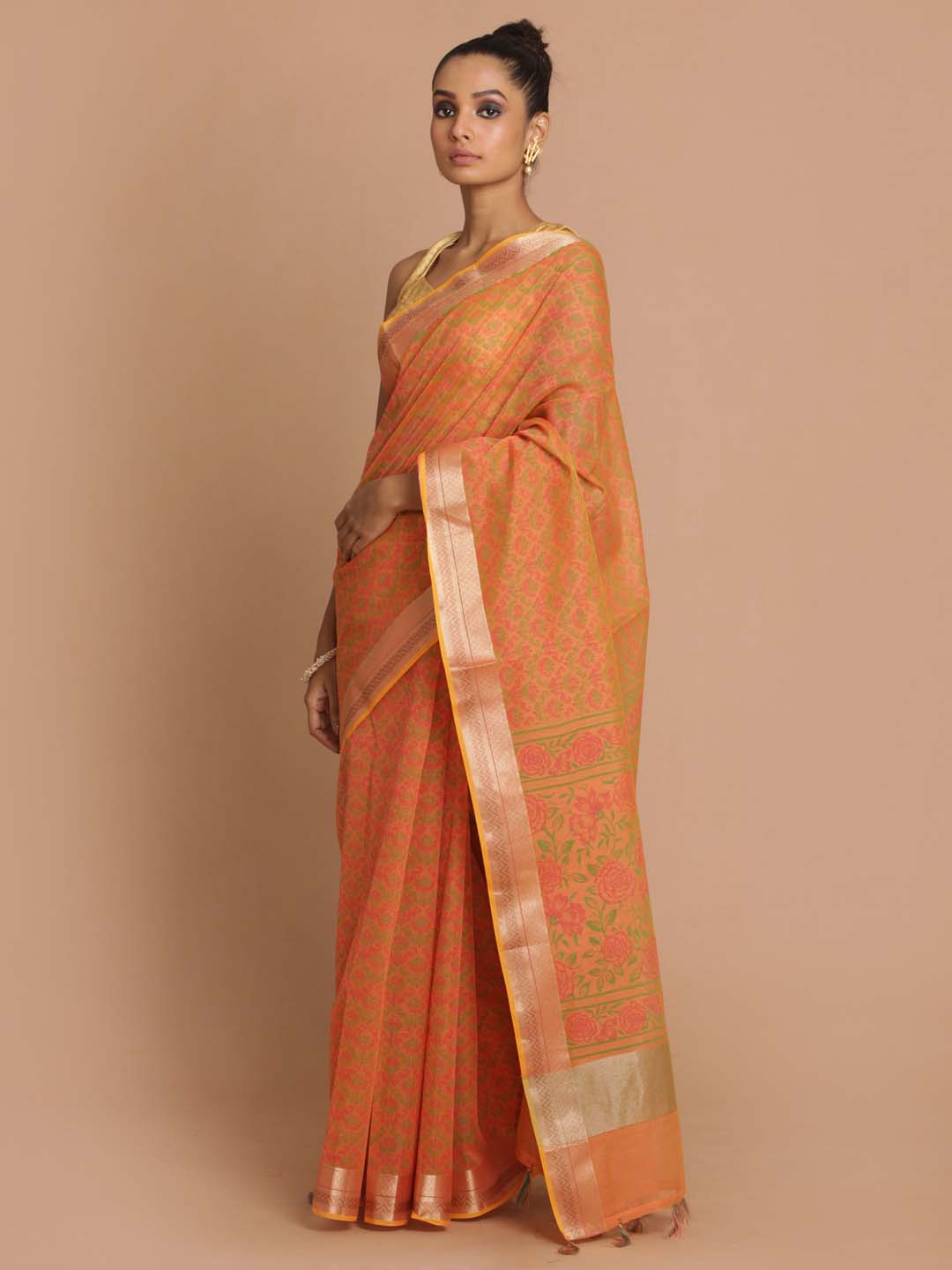 Indethnic Banarasi Orange Printed Daily Wear Saree - View 1