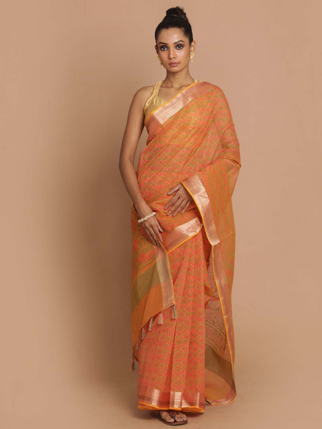 Indethnic Banarasi Orange Printed Daily Wear Saree - View 1