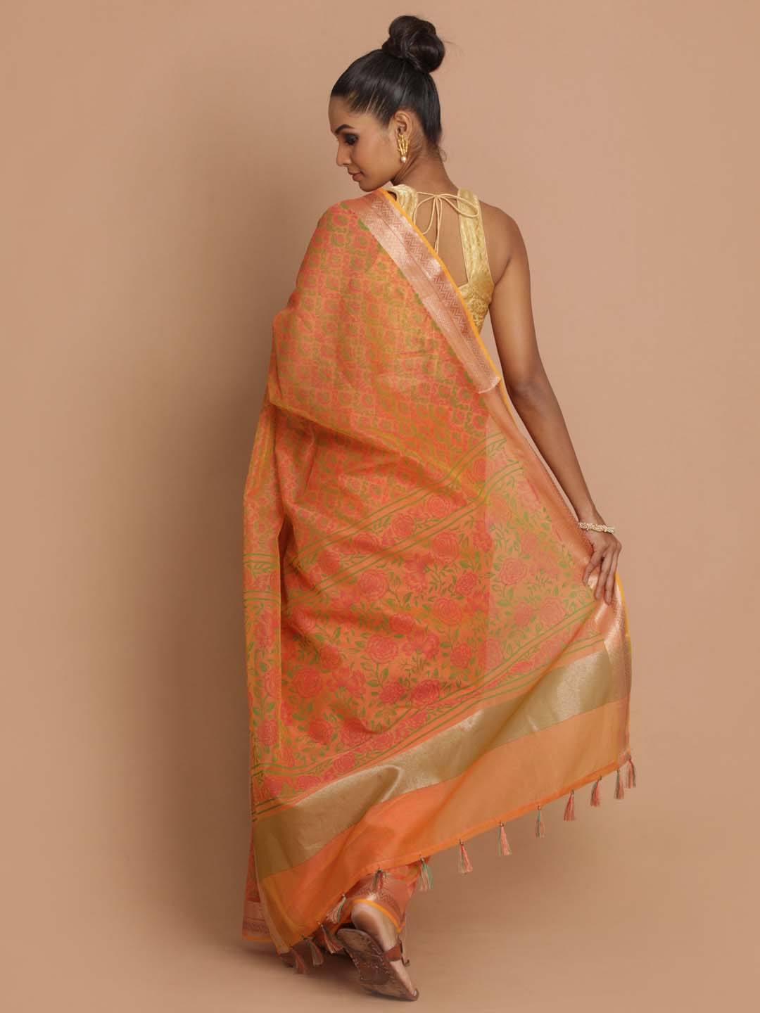 Indethnic Banarasi Orange Printed Daily Wear Saree - View 3