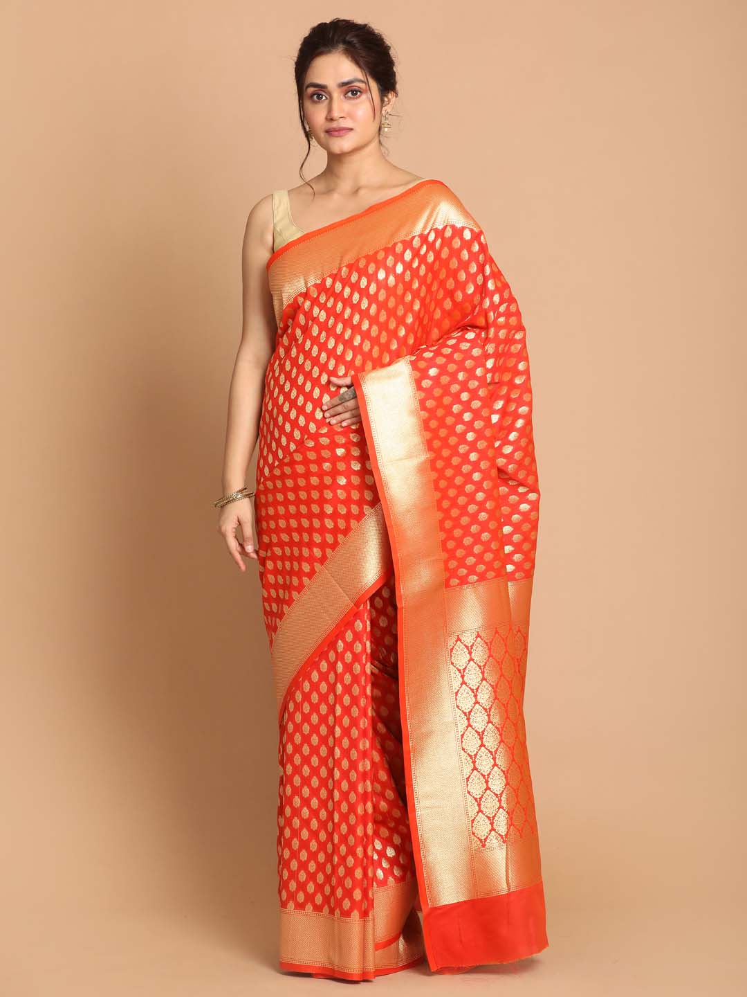 Indethnic Banarasi Orange Woven Design Festive Wear Saree - View 1