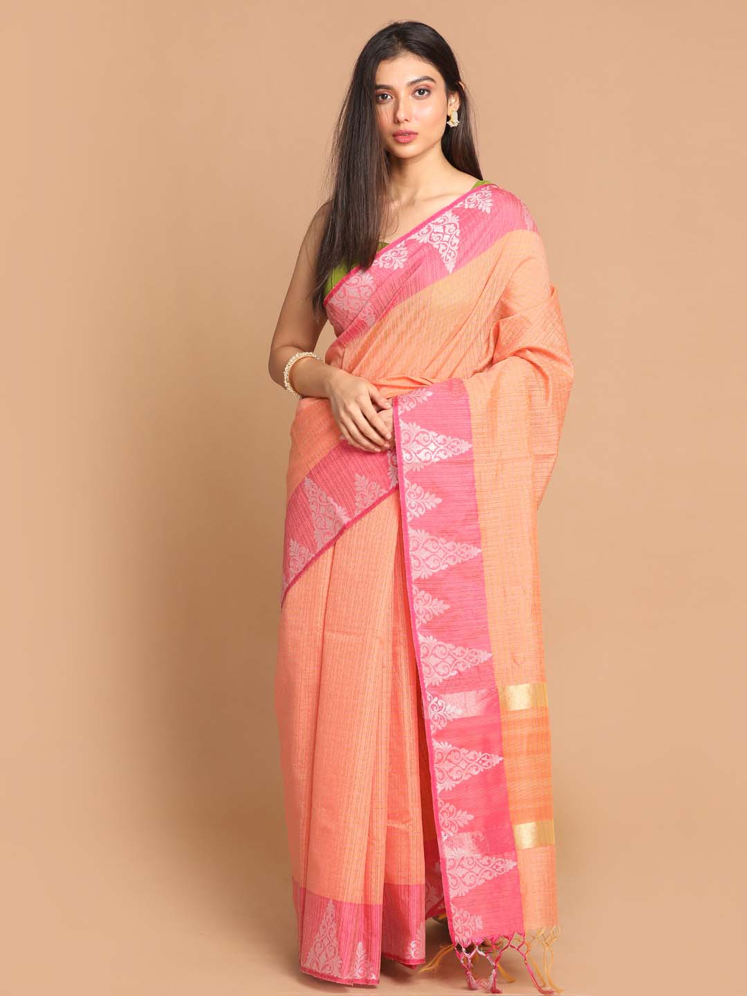 Indethnic Banarasi Peach Checked Daily Wear Saree - View 1