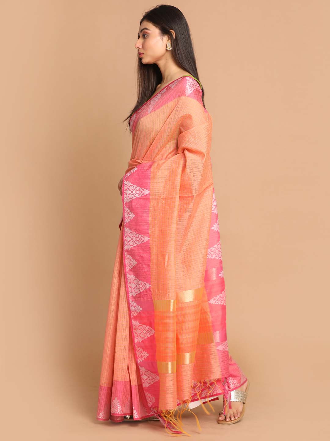 Indethnic Banarasi Peach Checked Daily Wear Saree - View 2