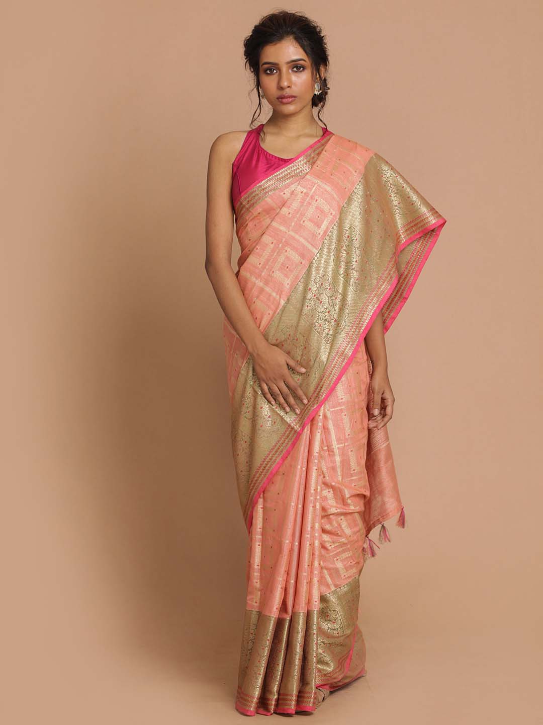 Indethnic Banarasi Peach Woven Design Festive Wear Saree - View 1