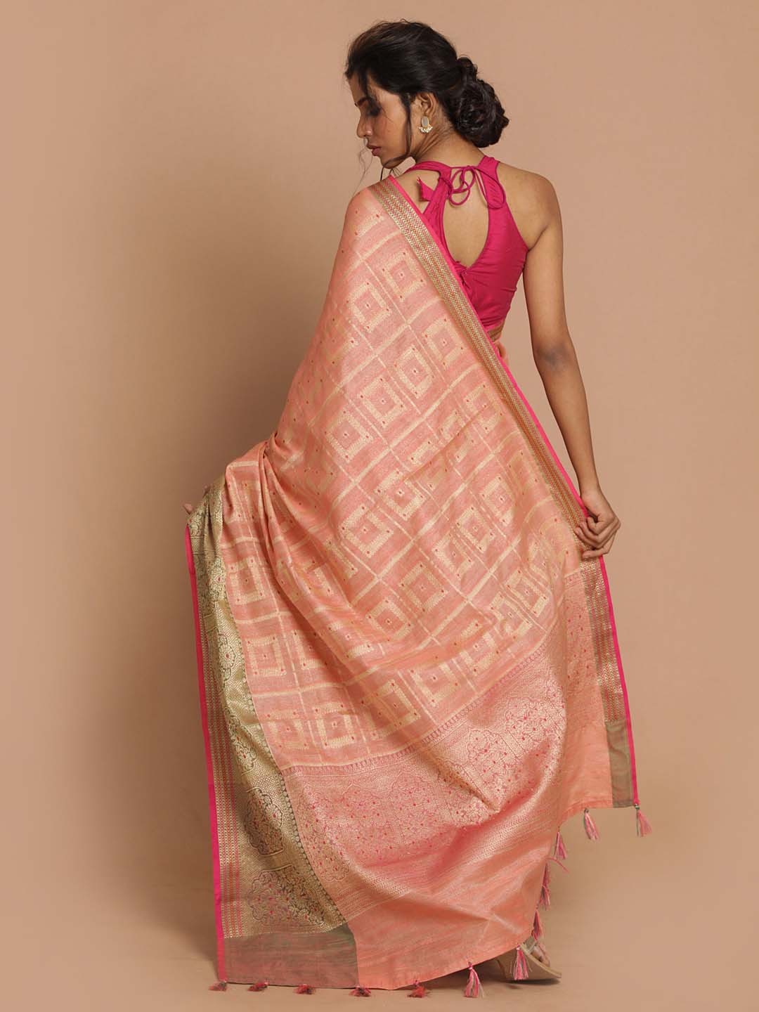 Indethnic Banarasi Peach Woven Design Festive Wear Saree - View 3