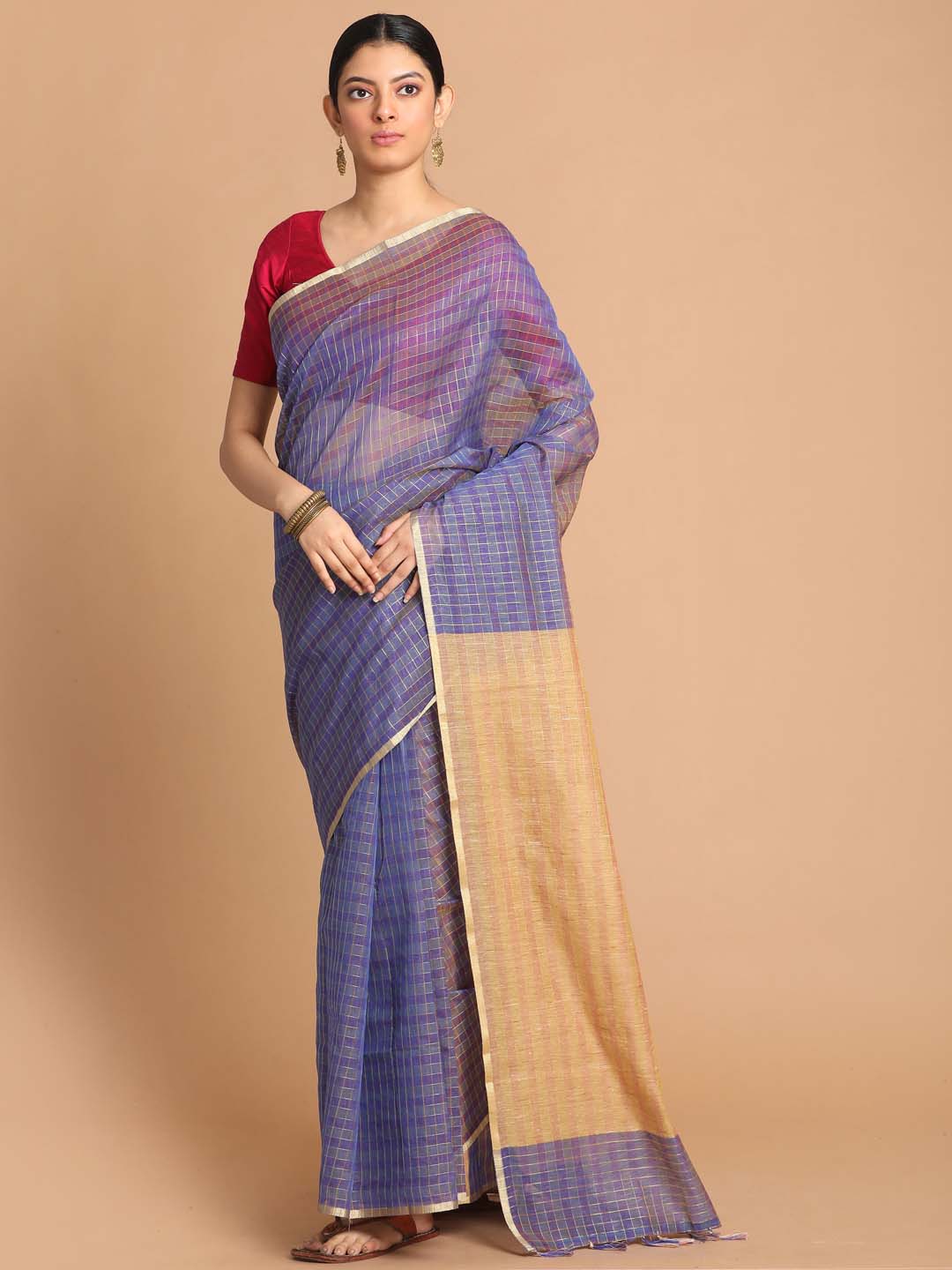 Indethnic Banarasi Purple Checked Daily Wear Saree - View 1