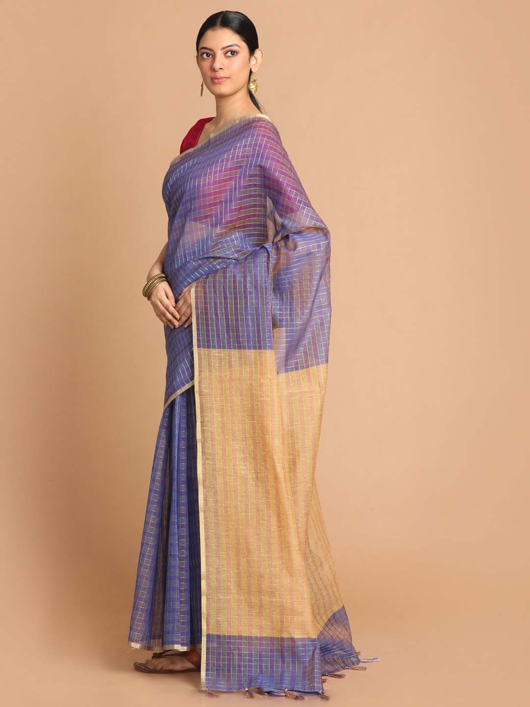 Indethnic Banarasi Purple Checked Daily Wear Saree - View 1