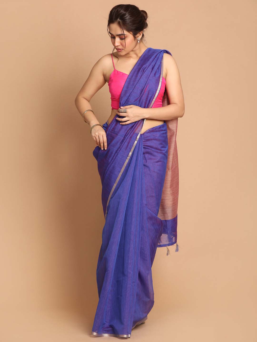 Indethnic Banarasi Purple Solid Daily Wear Saree - View 1