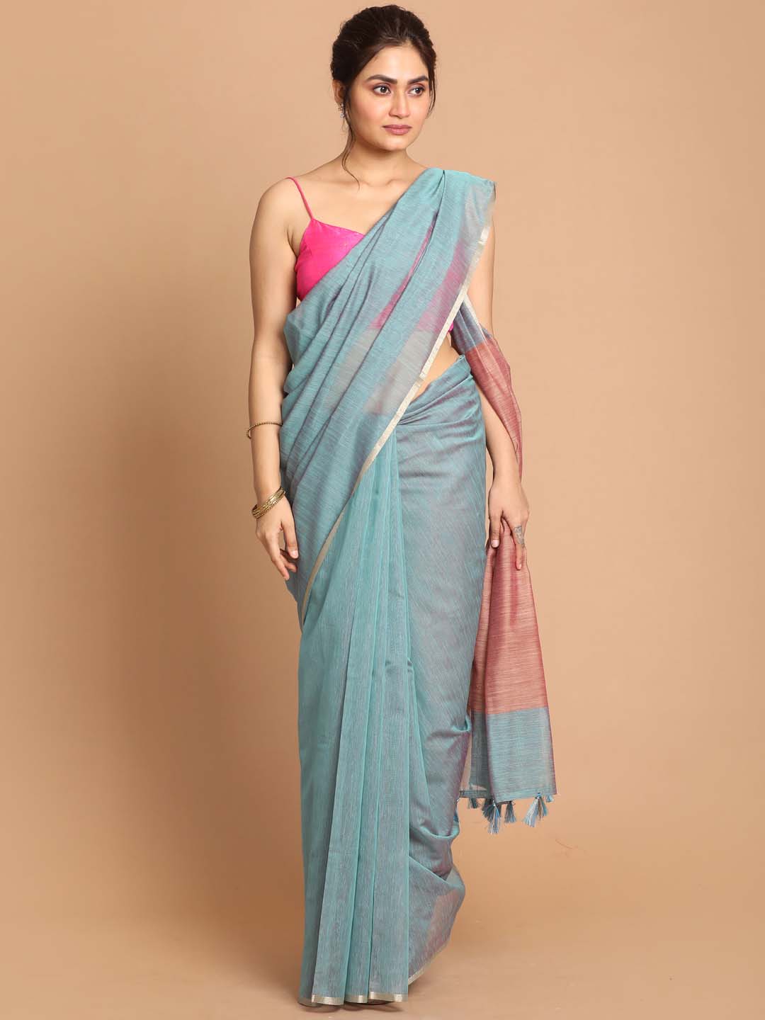 Indethnic Banarasi Sea Green Solid Daily Wear Saree - View 1