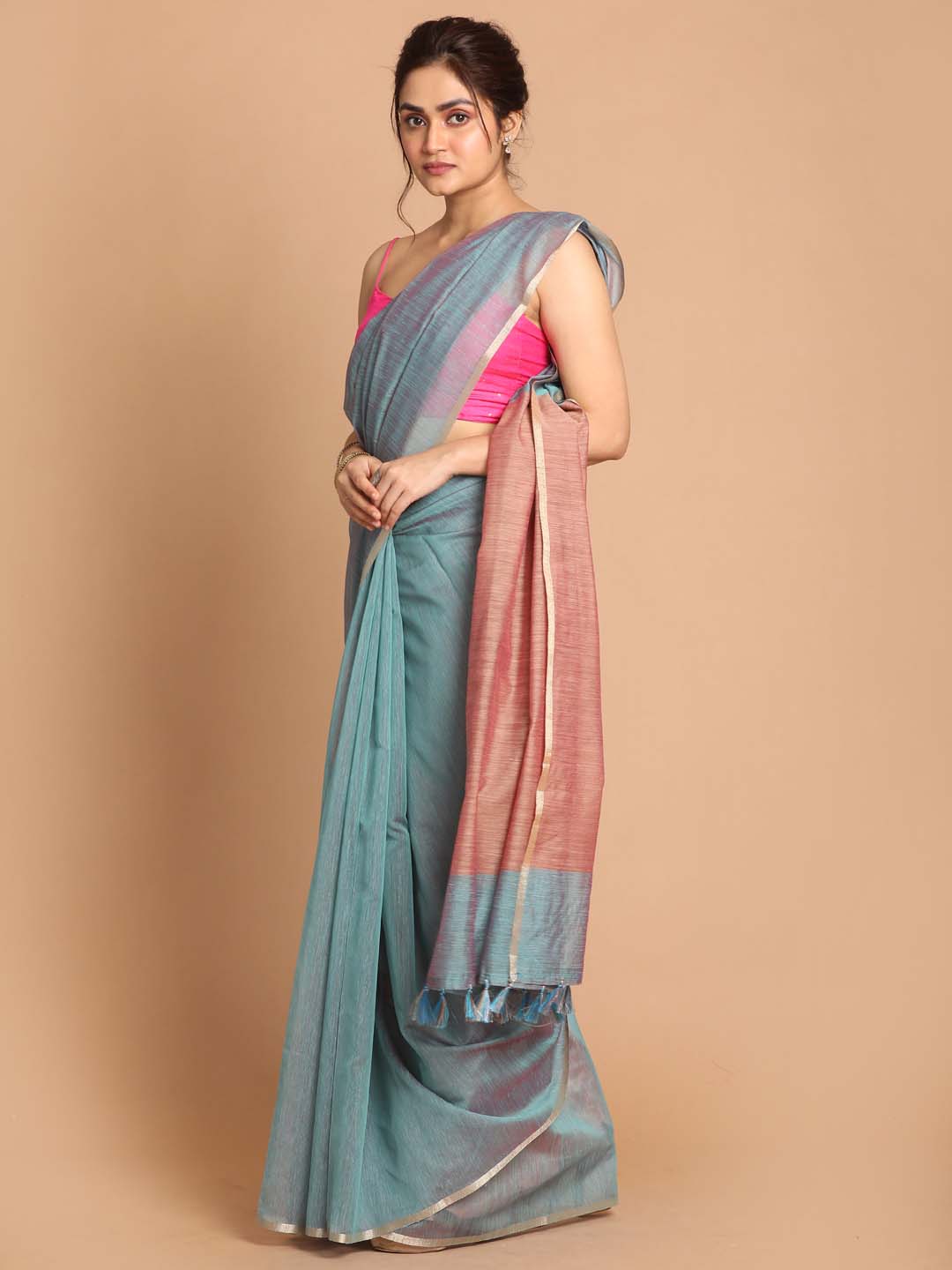 Indethnic Banarasi Sea Green Solid Daily Wear Saree - View 2